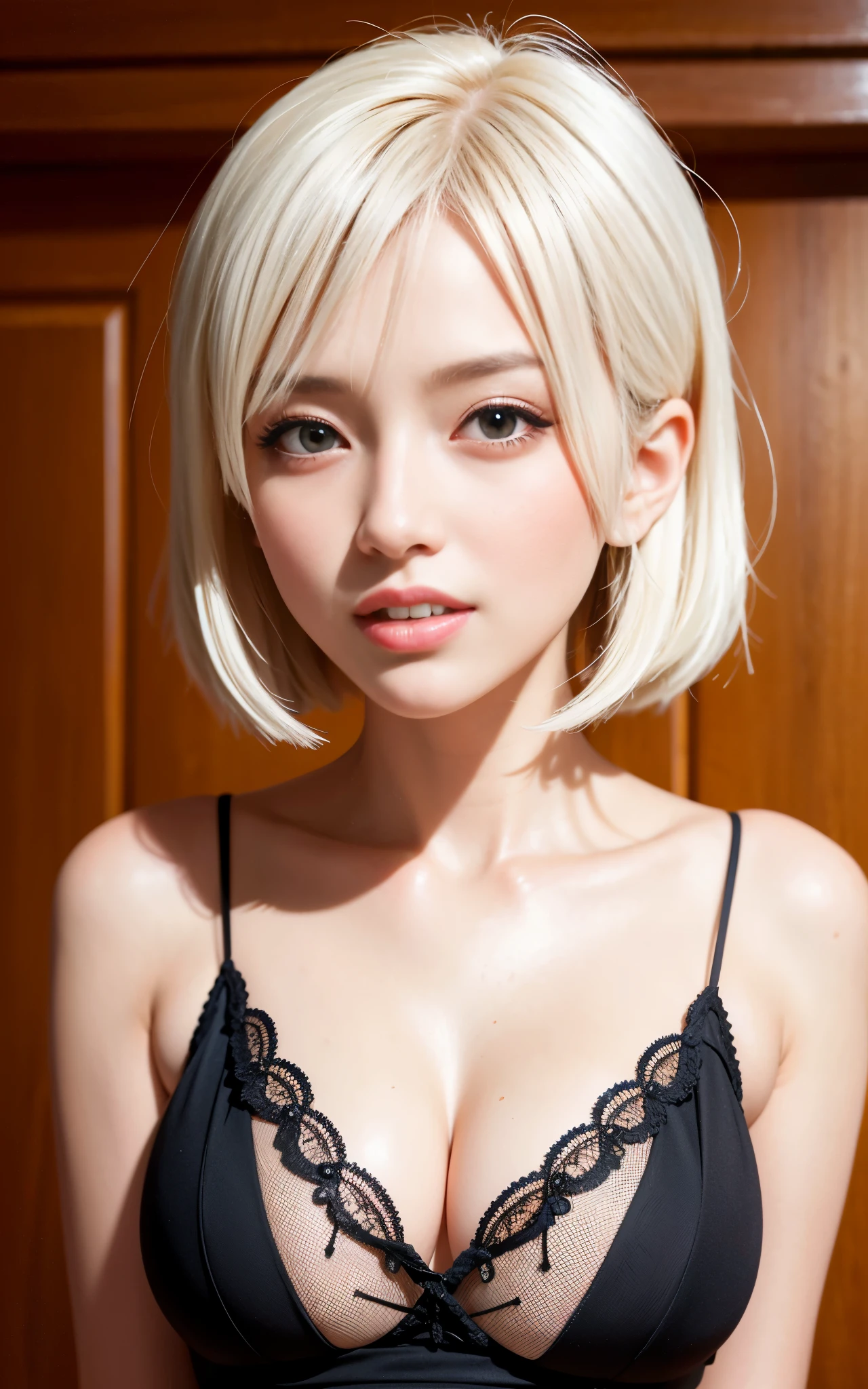highest quality, figure, super detailed, finely, High resolution, 8k wallpaper, 完璧なダイナミックな構figure, beautiful skin, (big eyes), 20 year old beautiful girl, natural color lip, (sexy pose), Mid chest, smile, Highly detailed face and skin texture, Detailed eyes, Double eyelid,leaking teeth and laughing, close-up, black bob hair, (white dress:1.2), In town