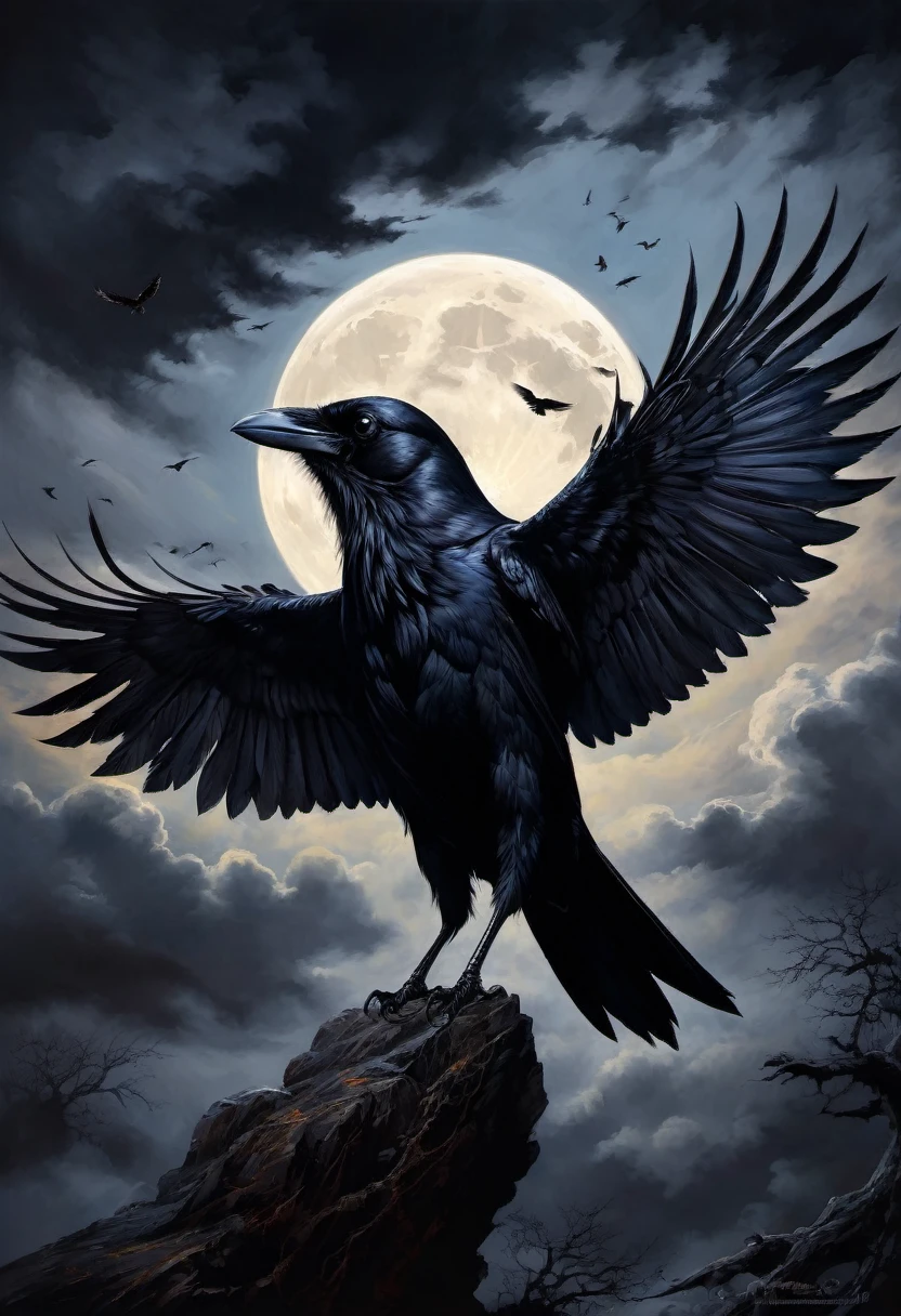 best quality,ultra-detailed,(realistic:1.37) paintings,dark and mysterious atmosphere,ominous colors,[crow],intricate feathers,sharp beak,penetrating gaze,intense expression,eerie silhouette,sinister presence,nighttime scene,moonlit sky,clouds,dramatic lighting,contrast of light and shadow,gothic style,dramatic brushstrokes,texture and depth,colorful plumage,majestic wingspread,haunting presence,foreboding,loneliness,uneasy feeling,impressive details,beautifully captured essence,artistic masterpiece