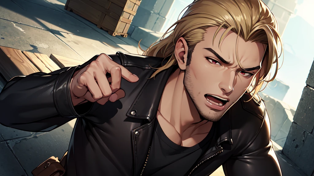 ((open mouth)), (closed eyes)) portrait, (absurd res, high res, ultra detailed), 1 male, adult, handsome, tall muscular guy, broad shoulders, blonde long hair, red eyes, finely detailed eyes, looking at viewer, solo, no background, detailed face, smirk, renegade, rugged dark leather clothes, small leather pouch, high fantasy medieval setting, smuggler hideout background, stealth, undercover, (crates in background), shadows, fog, (dutch angle), ((portrait)), black shirt, black jacket