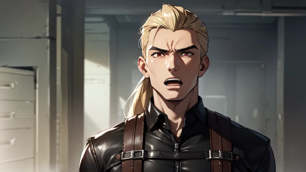 ((open mouth)), (closed eyes)) portrait, (absurd res, high res, ultra detailed), 1 male, adult, handsome, tall muscular guy, broad shoulders, blonde long hair, red eyes, finely detailed eyes, looking at viewer, solo, no background, detailed face, smirk, renegade, rugged dark leather clothes, small leather pouch, high fantasy medieval setting, smuggler hideout background, stealth, undercover, (crates in background), shadows, fog, (dutch angle), ((portrait)), black shirt, black jacket