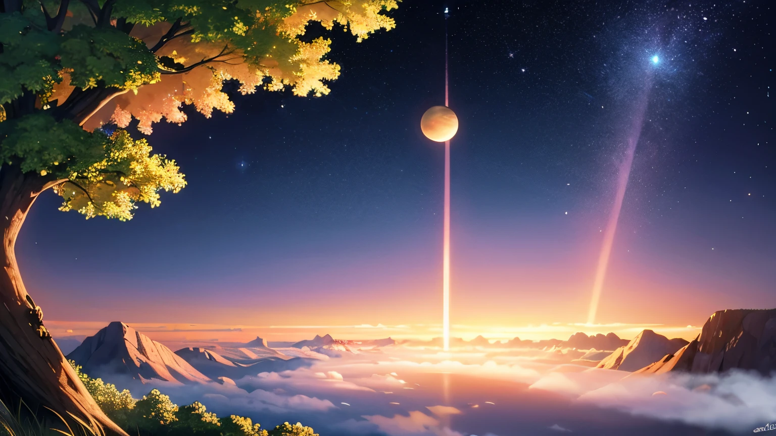 medium island surrounded by glittering and galactic water, one single tree in center with apples hanging from it, one gray flower underneath the tree with a black censor box on it, scattered light rays and shafts on the horizon, cosmic background with distant hints of mountains and clouds covered in a very hazy fog