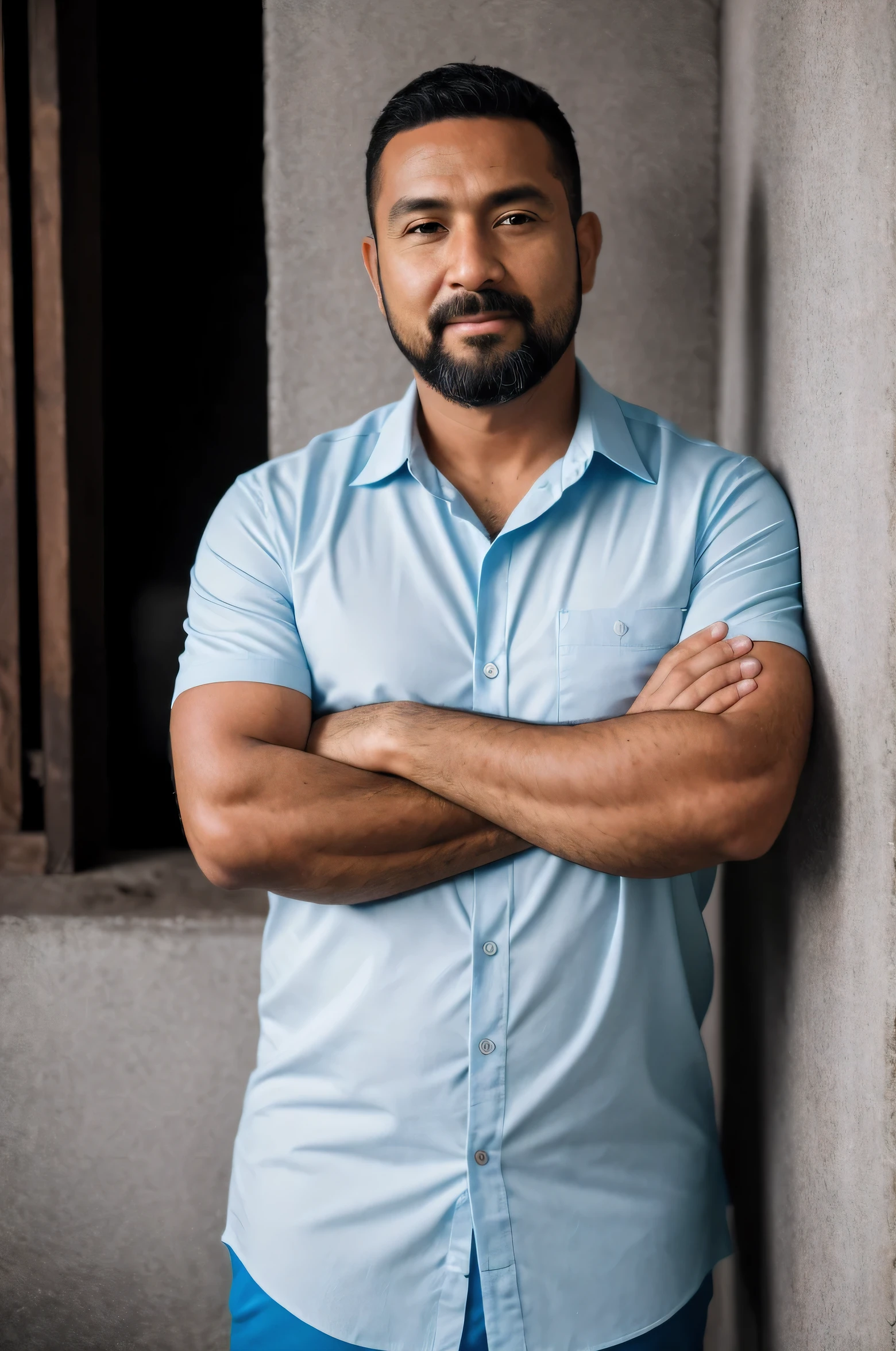 Foto RAW, uma foto retrato de 35 y.o homem, roupa social, camisa manga curta azul, standing, crossed arms, moreno, pele natural, 8k UHD, alta qualidade, filmic grain, Fujifilm XT3, fundo branco