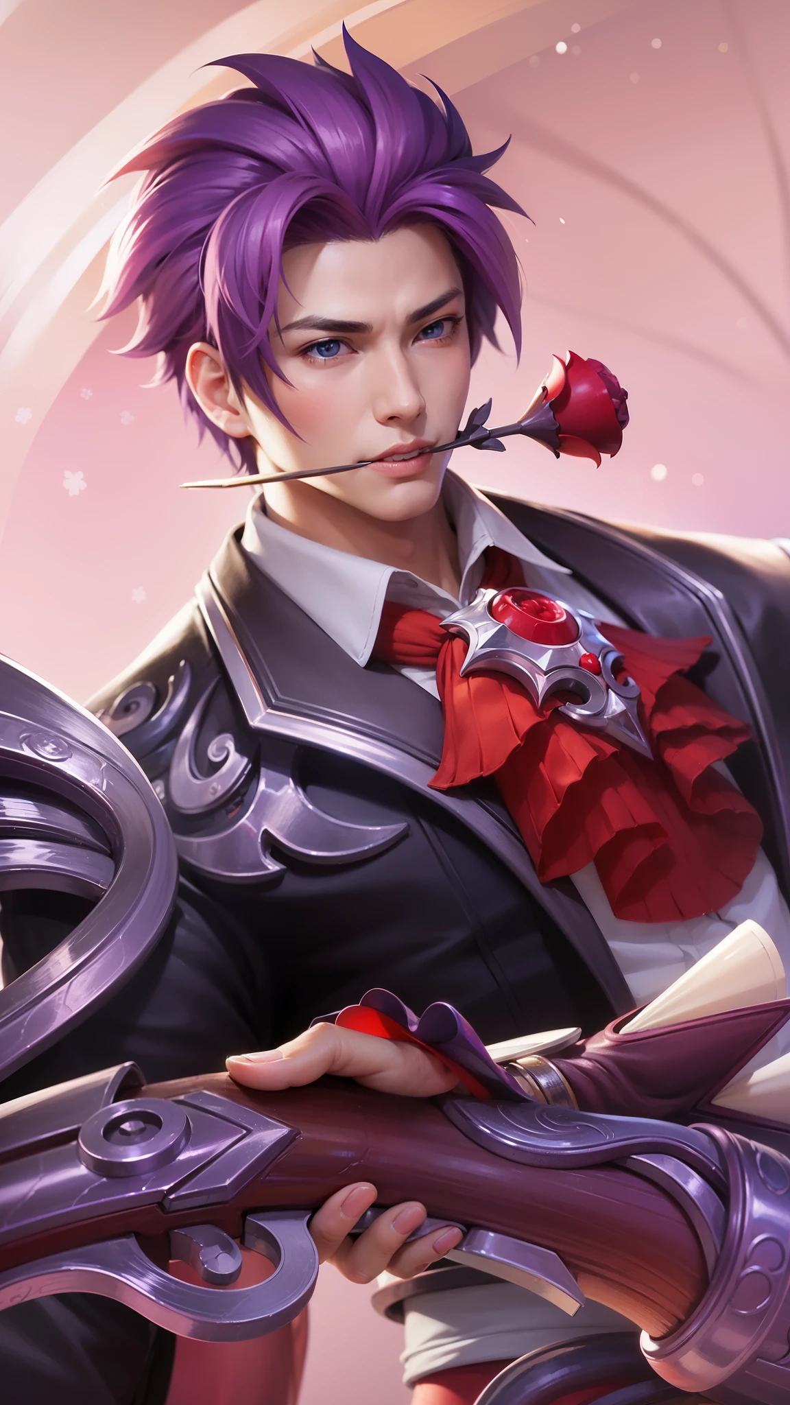 anime - style image of a male character with purple hair and a red tie, ! dream artgerm, extremely detailed artgerm, range murata and artgerm, artgerm. high detail, g liulian art style, artgerm portrait, shadowverse style, by Yang J, arcane art style, smile, biting the stem of a red rose, blue eyes.