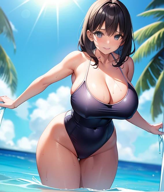 Exquisite 8K CG artwork of a , with a realistic and shining skin that glows under the sun, sweat dripping down her face and body as she enjoys the summer day, wearing a navy blue swimsuit that reveals a hint of her cleavage and soaks up the water. Her smile is bright and innocent, yet there's a sexy allure in the emphasis of her curvaceous buttons and the sway of her hips. The perspective enhances the silhouette effect, and the details of the swimsuit's textures add to the scene's masterpiece-quality realism. The background is in the foreground, showcasing the crisp