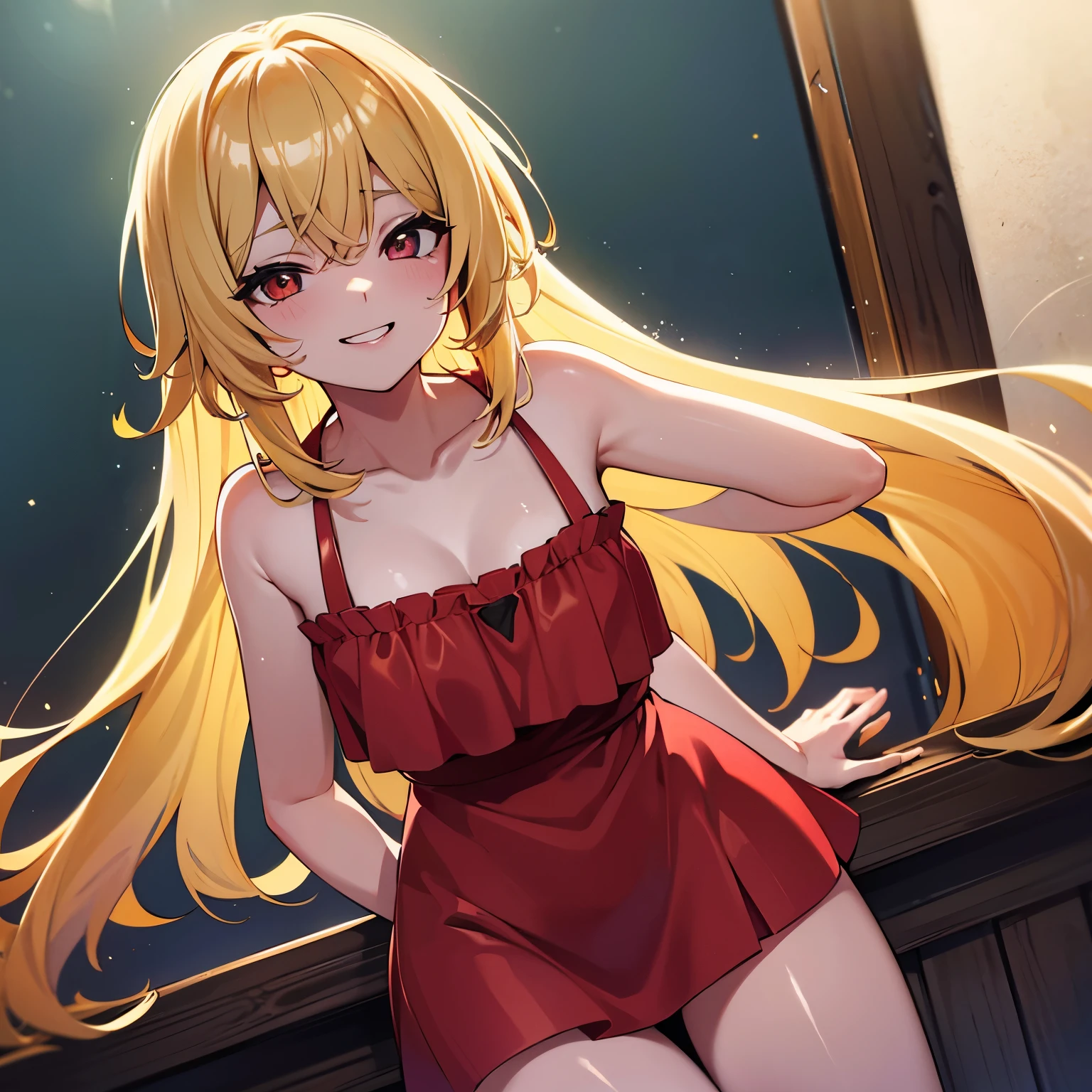 Chica rubia, ondulada, de ojos rojos, estilo anime, sonriente, sin ropa, unseemly position, piel clara, dientes afiliados