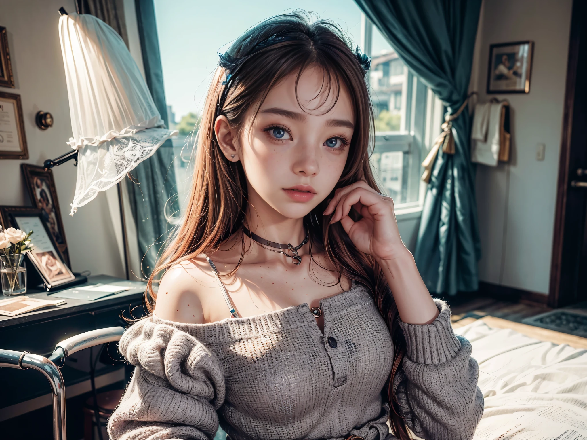 with a girl(alone)、photograph、Fantastic、(Loretta Luxe:1.3)、pastel colour:0.6、freckles、surrealism:1.1、high contrast、super detailed、8K、