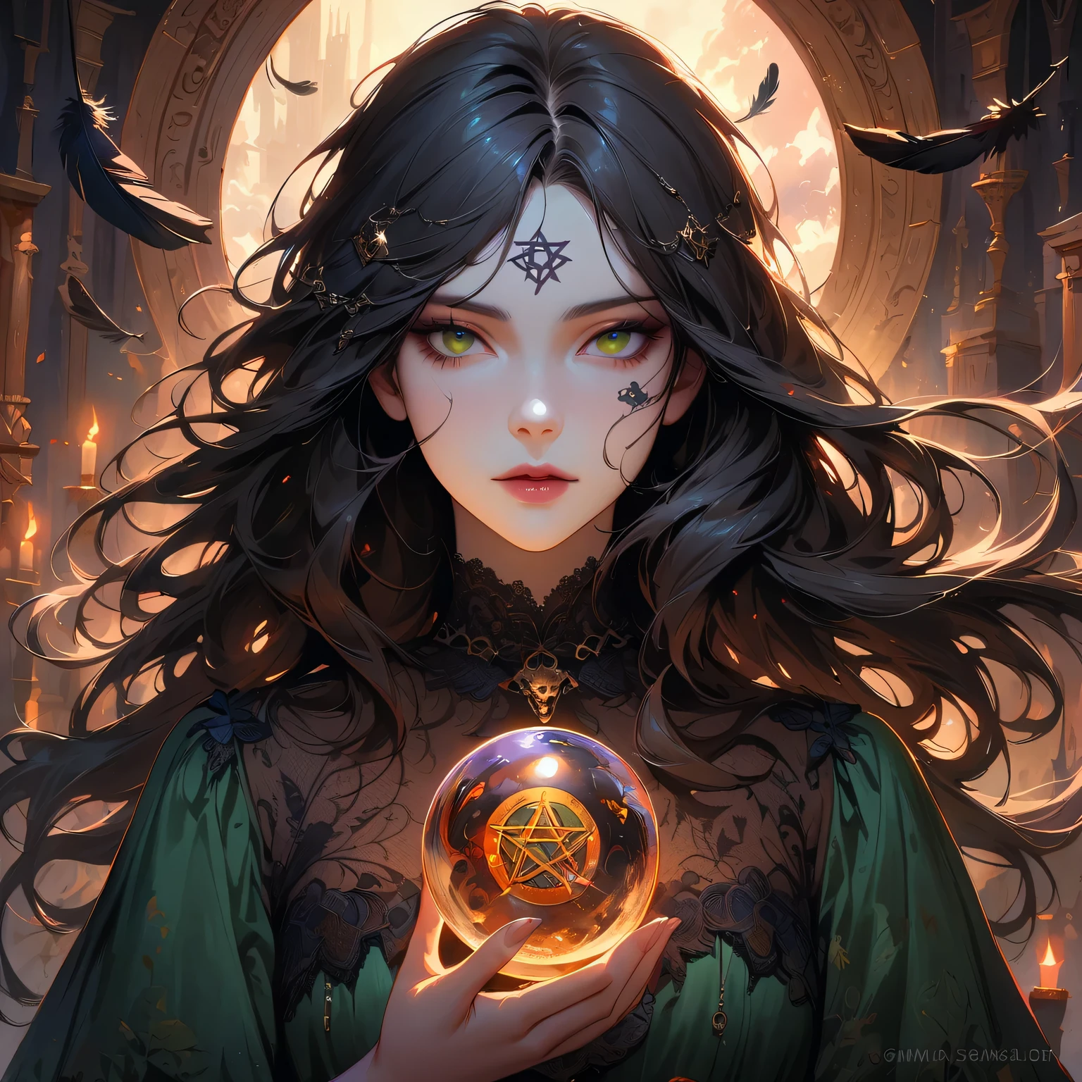 (highest quality,4k,ultra-detailed,realistic:1.2),a girl with a mysterious appearance,gothic portrait,(raven),intense gaze,pale skin,long black hair flowing in the wind,dark and haunting atmosphere,tarot card motif,fortune teller's table,crystal ball,candles flickering in the dim light,skull and pentagram decorations,occult symbols,foggy mist surrounding the girl,dramatic lighting,emerald green eyes,piercing stare,strange tattoos on her arms,black lace dress,ornate jewelry,feathers and beads in her hair,graveyard setting,moonlit night,ominous clouds,spooky ambience,raven feathers scattered on the ground,hauntingly beautiful.