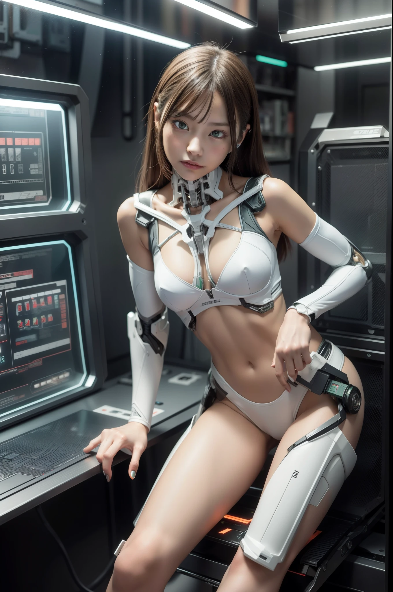 cyborg, android, robot, wiring, switch, Control panel, girl, cute, sexy, strong, thin, bikini, High leg, skeleton, Silver, 白Money, Money, bronze, red, green, green, Colorless and transparent, skeleton, legs open, electronics, bright, play