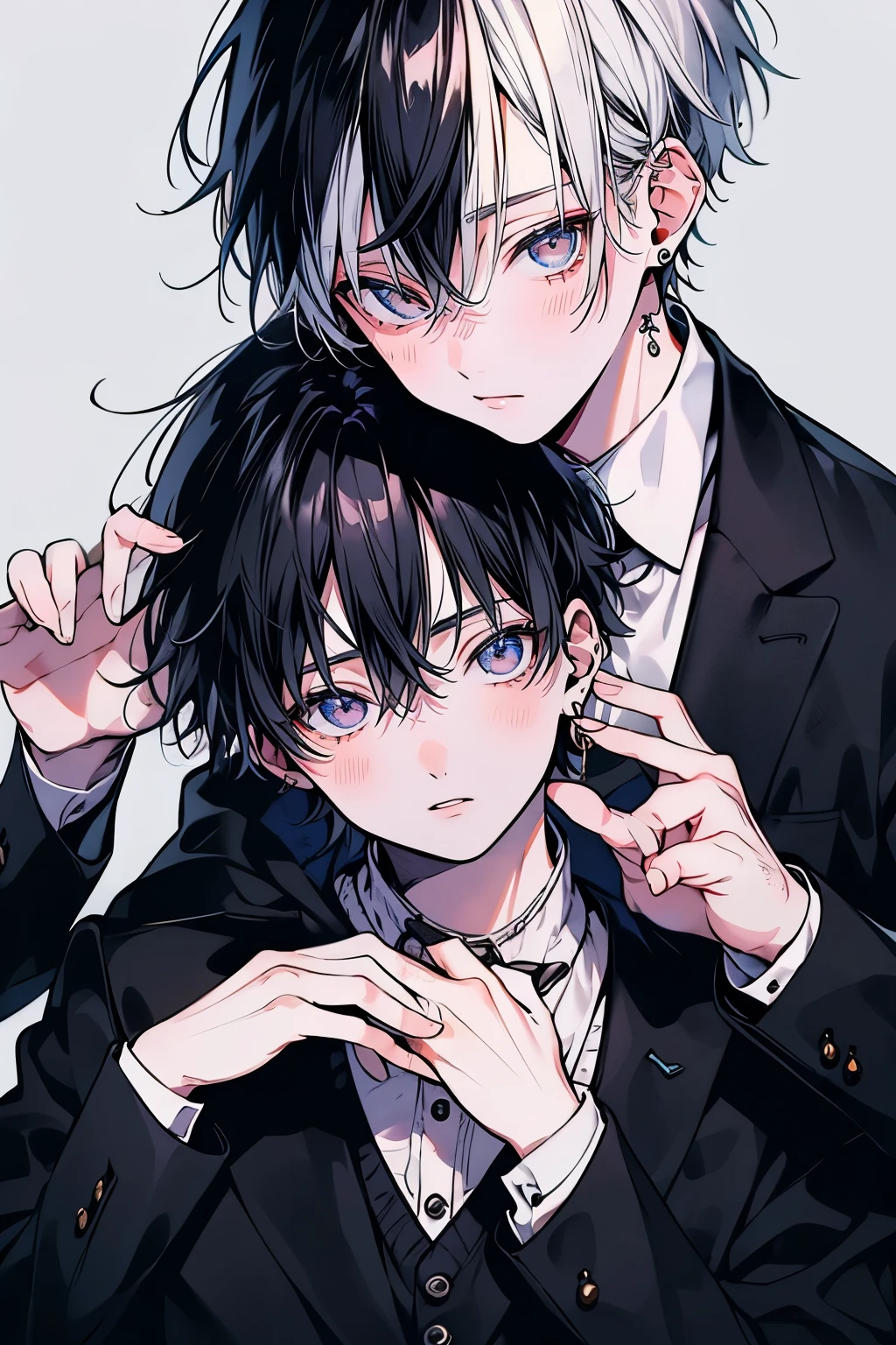 (muste piece), (best quality), very detailed, ((Two friendly men)), perfect face, beautiful face, very detailed顔，(black haired man:1.3)，(white haired man:1.3)，suit，shirt