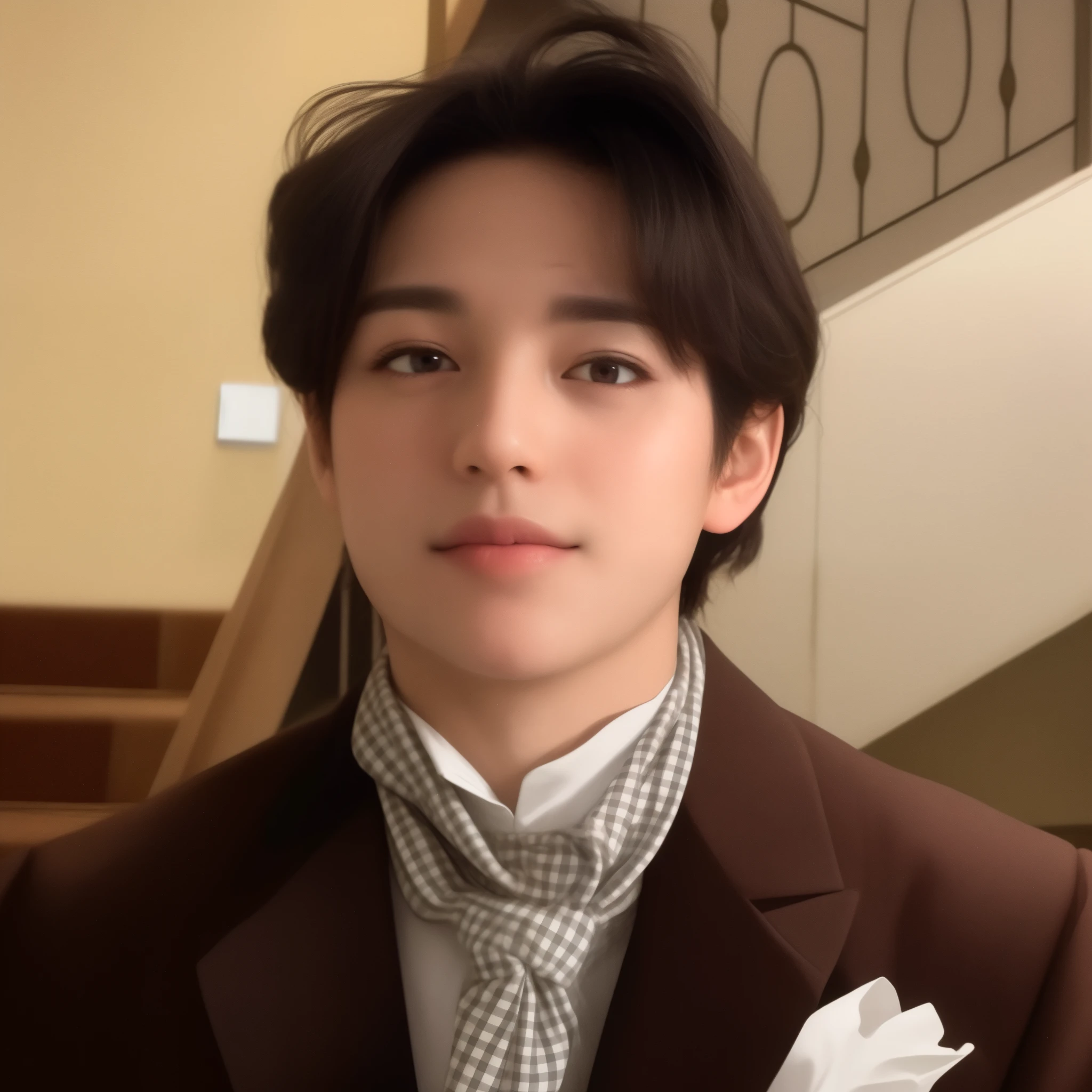 there is a man in a suit and tie standing in front of a staircase, young pale angel, Kim Taehyung, hyung tae, Taehyung, imagem de perfil, Taehyung kim, taken at the beginning of 2020, lv, headshot imagem de perfilture, Retrato de Kim Taehyung do BTS, who is taehyung