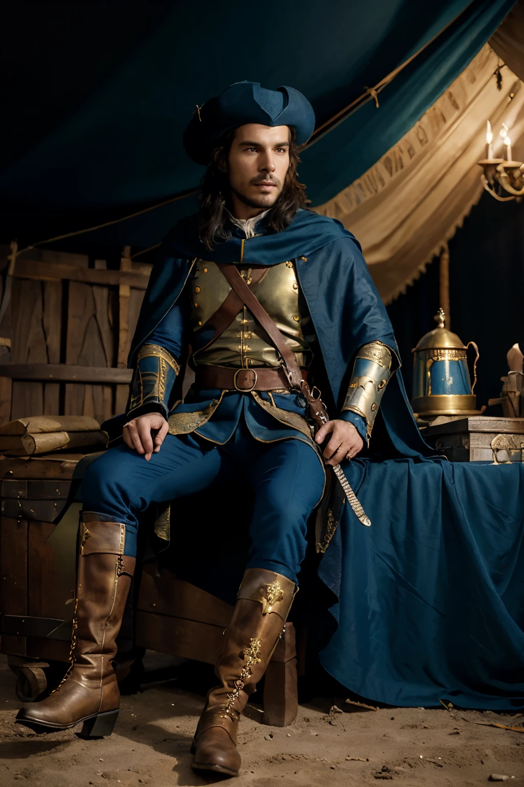 Very realistic Santiago Cabrera in rich noble musketeers renaissance costume blue and yellow colours. and dark leather musketeer hat with green piumino. with mortuary sword in hand. with high leather boots and blue cloak with golden embroidery. sit on wodden chest in medieval tent with fire bracer
