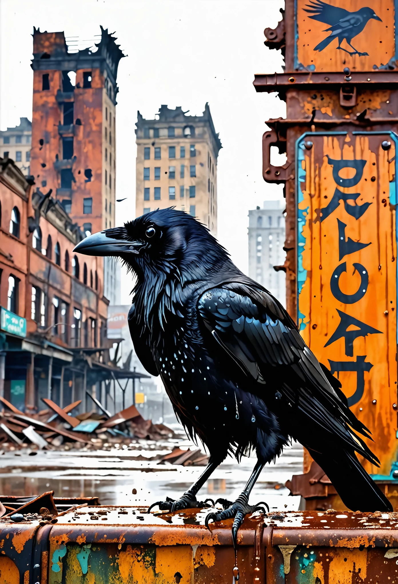 In a post-apocalyptic world, a thirsty crow perches on the rusted ruins of a city sign, his beady eyes scanning the desolate landscape for water. Using an anime & comic book style, bring the scene to life with vivid colors and exaggerated expressions. The droplets of water on the crow's beak should glisten in the sunlight, and the dust and grime covering the city should be depicted in intricate details to convey the grim reality of the situation. The crumbled buildings in the background should exhibit prominent diagonal lines and strong perspectives, giving depth and texture to the image. The overall composition should be balanced and visually engaging, drawing the viewer's attention to the desperation of the crow and the bleak surroundings.