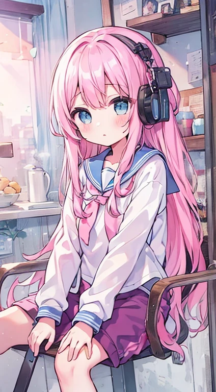 beautiful illustrations, highest quality, (12 year old girl:1.4)、(pretty girl：1.5)、、(Fainting、Suspension from the ceiling、Lock、restraint:1.3)、flat chest、sailor collar、(White long tunic)、long sleeve sailor suit、Blue-line cuffs、(pink chino shorts：1.4)、(pink shorts with wide opening：1.2)、Gap between thigh and pants、slim thighs、white socks、 cinematic lighting, (pink long hair)、pink straight hair、redness of cheeks、(Braiding of the back of the head)