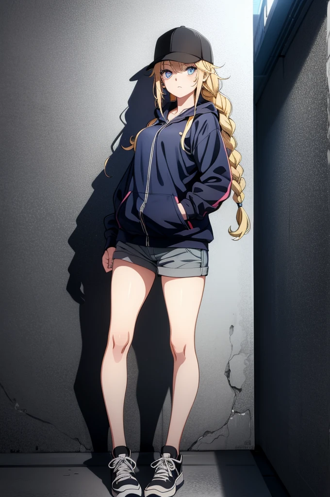 (((grayscale)))(masterpiece:1.2, best quality), (graffiti wall:1.15), 1lady, beanie, jacket, Leggings, blue eyes, fullbody,a very feminine looking anime cartoon girl leaning against a wall with her tits peaking out, 1girl, solo, braid, long hair, hat, shorts, blonde hair, blue eyes, ass, baseball cap, looking at viewer, against wall, shirt, black headwear,Eiko Tsukimi, blue eyes, braid, twin braids, blonde hair, semi long hair