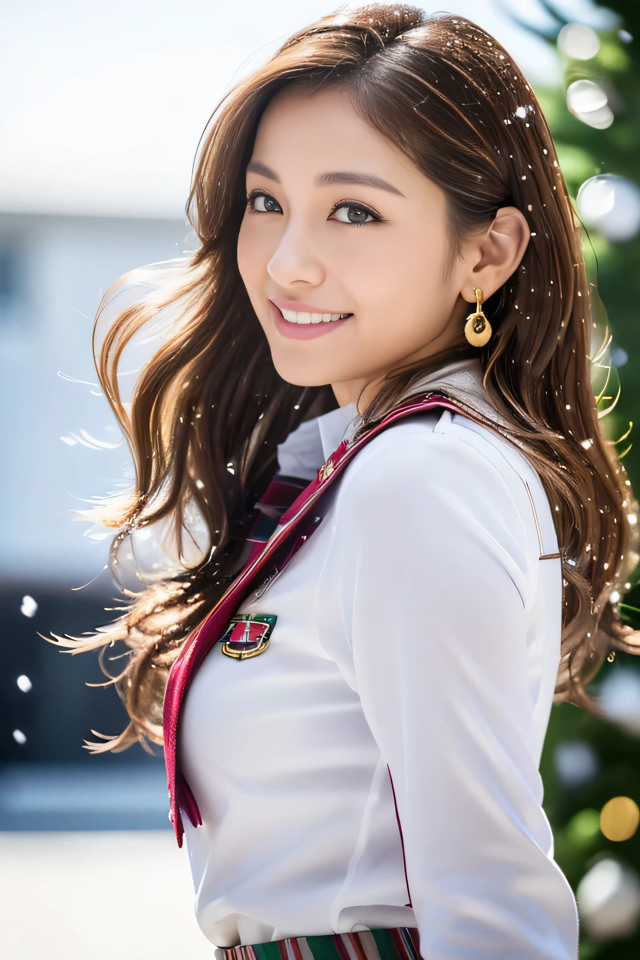 (8K portrait:1.1、RAW photo), (top quality, masterpiece:1.2)、((Facing forward:1.8)),(Ultra - High resolution:1.2)、(portrait, High resolution raw color photos, Photo session with professional photo models)、super resolution、(realistic, real photos: 1.1、ortolate)、1 person、Super detailed, very detailed and beautiful, very detailed, amazing details、cute beautiful woman with perfect body: 1.4、slim big: 1.2、shiny skin、glossy lips、High-definition face and skin texture、detailed eye、double eyelid、(5 hands:1.1、human hand)、very detailed and focused chest、(Angle from the thigh up:1.2)、((Light brown hair color、length、curl hair)), ((Chest H cup:1.2, A chest that is about to burst:1.2))、(High definition breasts、happy expression), (Full body Esbian、angle from a distance)、(((sluty school girl uniform, jewelry, parted lips, lips, from side, pleated skirt:1.5)),、((outside the house:1.2、european cityscape:1.2、Big Christmas Tree、Christmas))、((it's snowing、snow piles up))、((standing))、(((stand with good posture:1.1)))、((look down at the viewer,from below:1.5)),((shy smile:1.3)),((Super long brown hair:1.2))((Hair with loose waves inside:1.2)),((gold necklace_Large earrings:1.2)),fullbody shot、((full figure supermodel standing, entire body in frame))