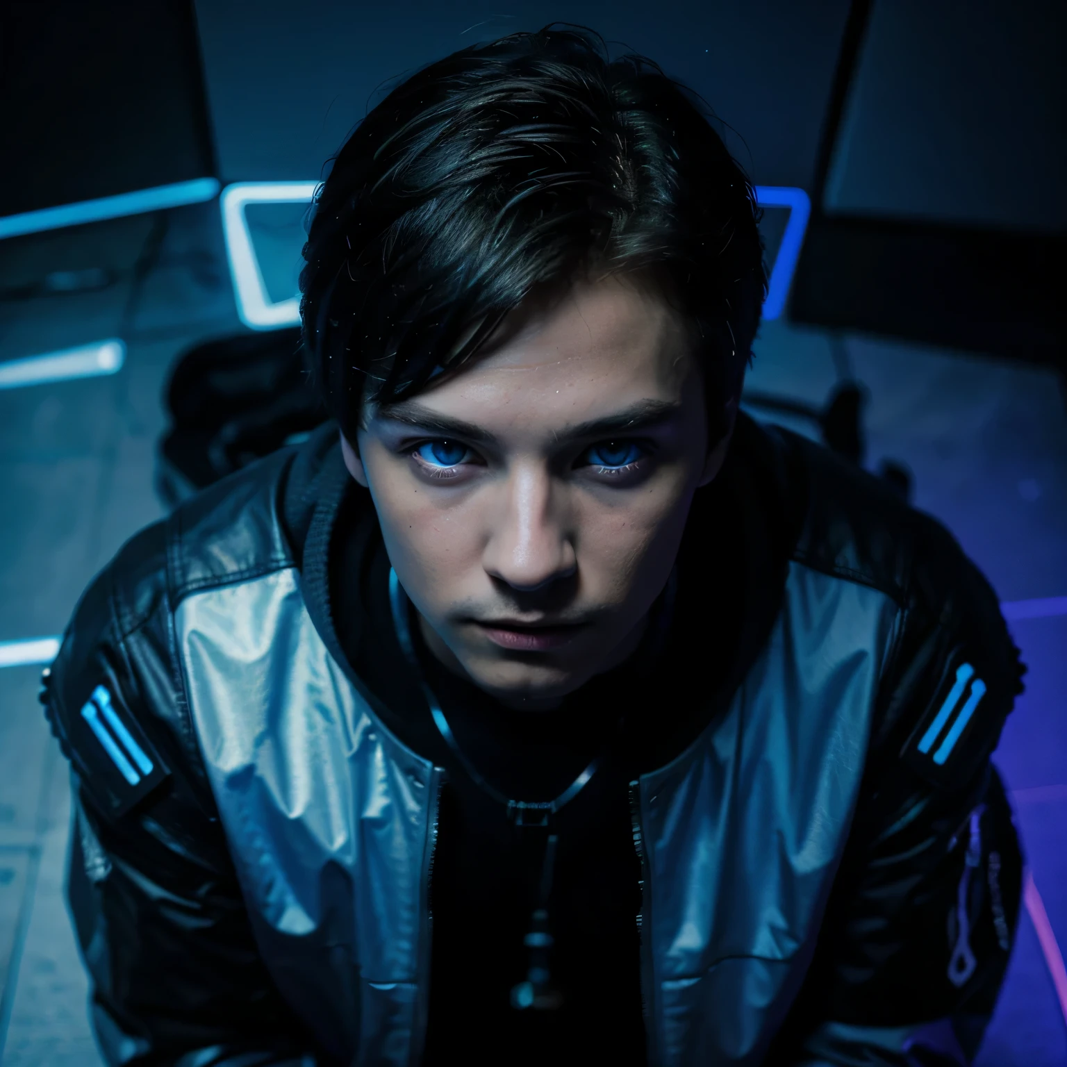 masterpiece, high quality, 1 boy, , solo, male focus, blue eyes, blacklight, from above, cyberpunk