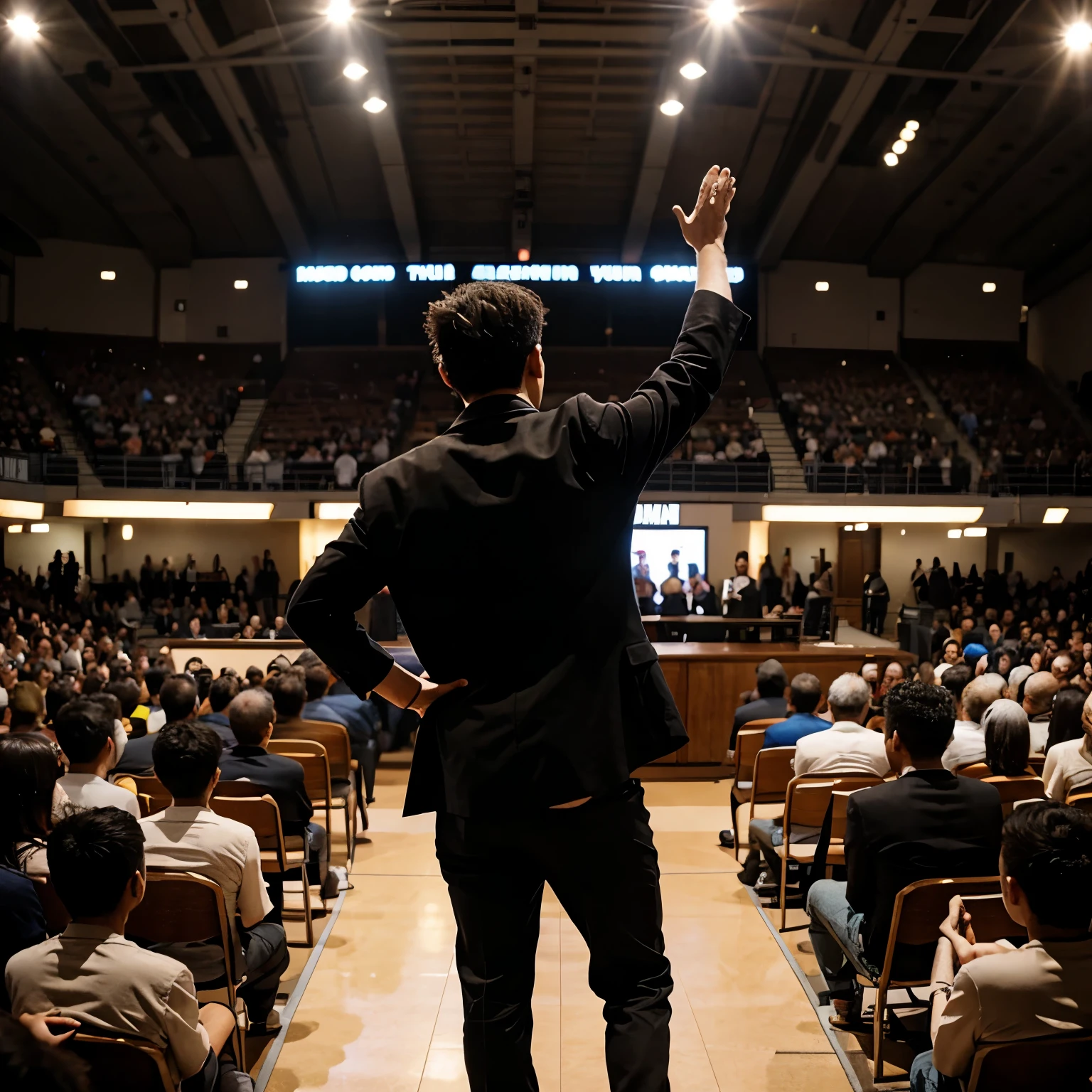 A man teaching a crowd