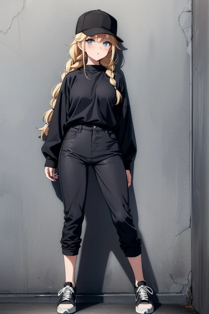 (((grayscale)))(masterpiece:1.2, best quality), (graffiti wall:1.15), 1lady, beanie, jacket, Leggings, blue eyes, fullbody,a female anime character dressed like a soccer player leaning against the wall, 1girl, solo, blue eyes, breasts, shirt, hat, baseball cap, braid, pants, blonde hair, shirt tucked in, short sleeves, long hair, looking at viewer, shoes, black headwear, black footwear, high-waist pants, sneakers, twin braids, black shirt, blush, bangs, 