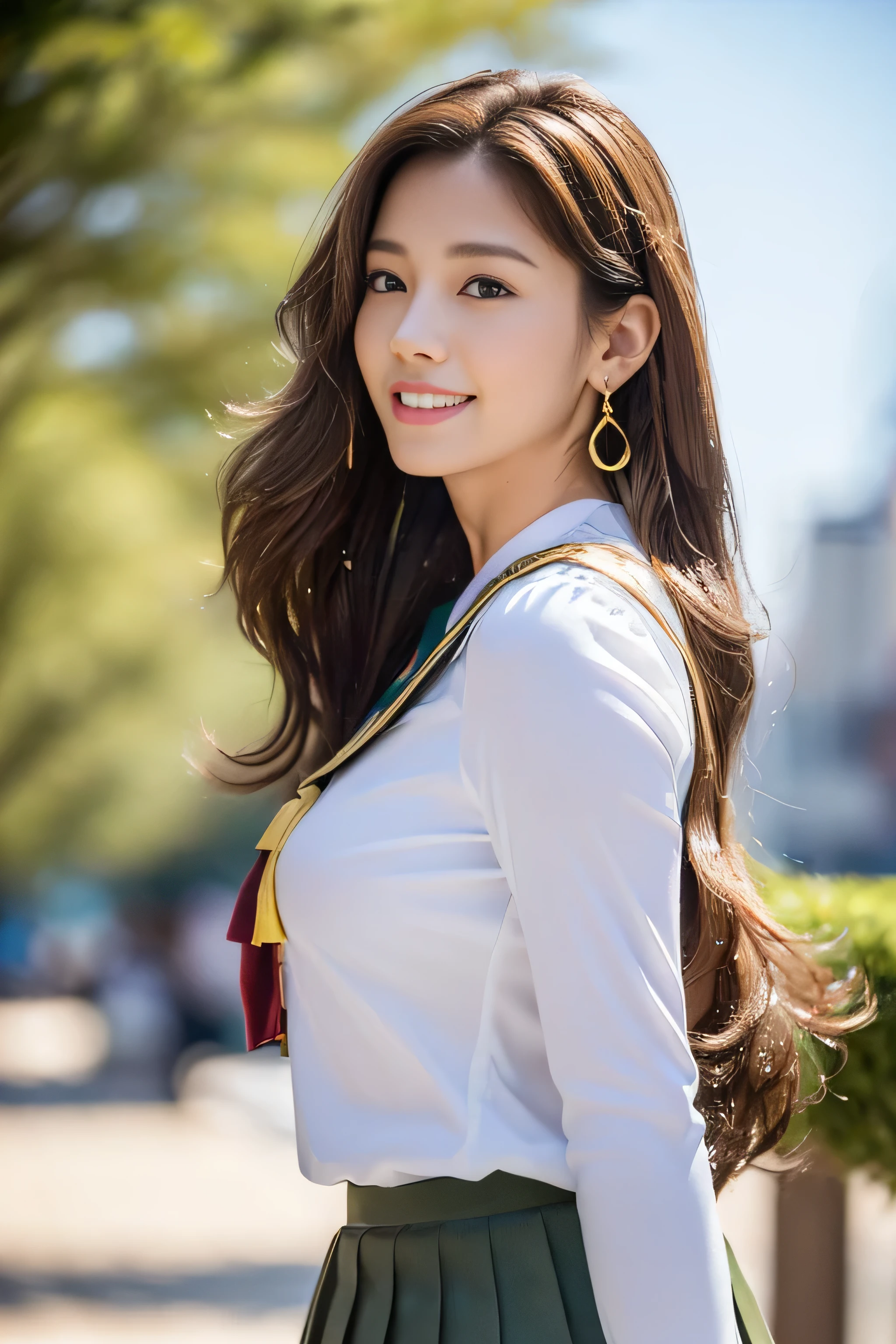 (8K portrait:1.1、RAW photo), (top quality, masterpiece:1.2)、(Ultra - High resolution:1.2)、(portrait, High resolution raw color photos, Photo session with professional photo models)、super resolution、(realistic, real photos: 1.1、ortolate)、1 person、Super detailed, very detailed and beautiful, very detailed, amazing details、cute beautiful woman with perfect body: 1.4、slim big: 1.2、shiny skin、glossy lips、High-definition face and skin texture、detailed eye、double eyelid、(5 hands:1.1、human hand)、very detailed and focused chest、(Angle from the thigh up:1.2)、((Light brown hair color、length、curl hair)), ((Chest H cup:1.2, A chest that is about to burst:1.2))、(High definition breasts、happy expression), (Full body Esbian、angle from a distance)、(((sluty school girl uniform, jewelry, parted lips, lips, from side, pleated skirt:1.5)),、((outside the house:1.2、european cityscape:1.2、Big Christmas Tree、Christmas))、((it's snowing、snow piles up))、((standing))、(((stand with good posture:1.1)))、((look down at the viewer,from below:1.5)),((shy smile:1.3)),((Super long brown hair:1.2))((Hair with loose waves inside:1.2)),((gold necklace_Large earrings:1.2)),((Facing forward:1.5)),fullbody shot、((full figure supermodel standing, entire body in frame))