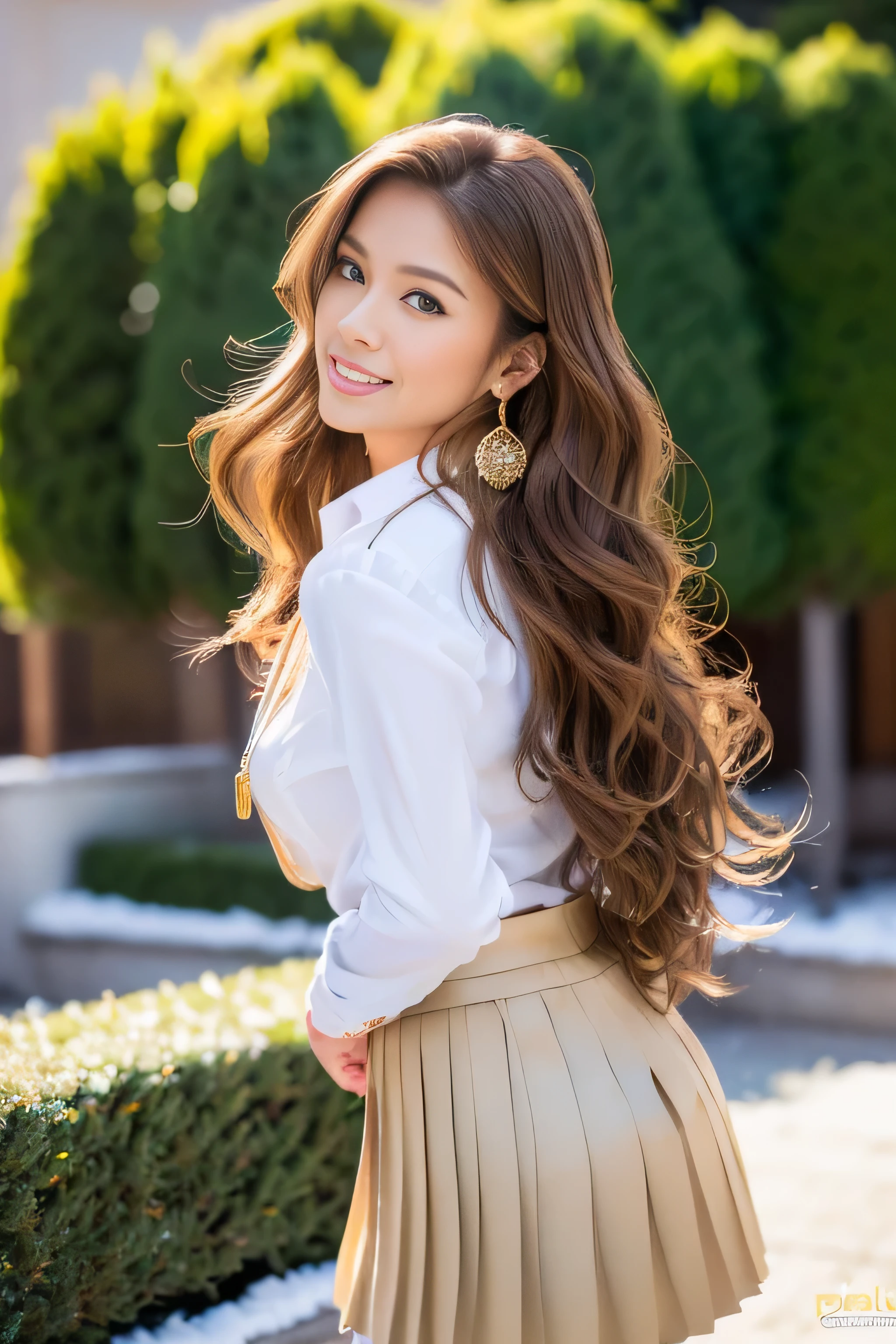 (8K portrait:1.1、RAW photo), (top quality, masterpiece:1.2)、(Ultra - High resolution:1.2)、(portrait, High resolution raw color photos, Photo session with professional photo models)、super resolution、(realistic, real photos: 1.1、ortolate)、1 person、Super detailed, very detailed and beautiful, very detailed, amazing details、cute beautiful woman with perfect body: 1.4、slim big: 1.2、shiny skin、glossy lips、High-definition face and skin texture、detailed eye、double eyelid、(5 hands:1.1、human hand)、very detailed and focused chest、(Angle from the thigh up:1.2)、((Light brown hair color、length、curl hair)), ((Chest H cup:1.2, A chest that is about to burst:1.2))、(High definition breasts、happy expression), (Full body Esbian、angle from a distance)、(((sluty school girl uniform, jewelry, parted lips, lips, from side, pleated skirt:1.5)),、((outside the house:1.2、european cityscape:1.2、Big Christmas Tree、Christmas))、((it's snowing、snow piles up))、((standing))、(((stand with good posture:1.1)))、((look down at the viewer,from below:1.5)),((shy smile:1.3)),((Super long brown hair:1.2))((Hair with loose waves inside:1.2)),((gold necklace_Large earrings:1.2)),((Facing forward:1.5)),fullbody shot、((full figure supermodel standing, entire body in frame))