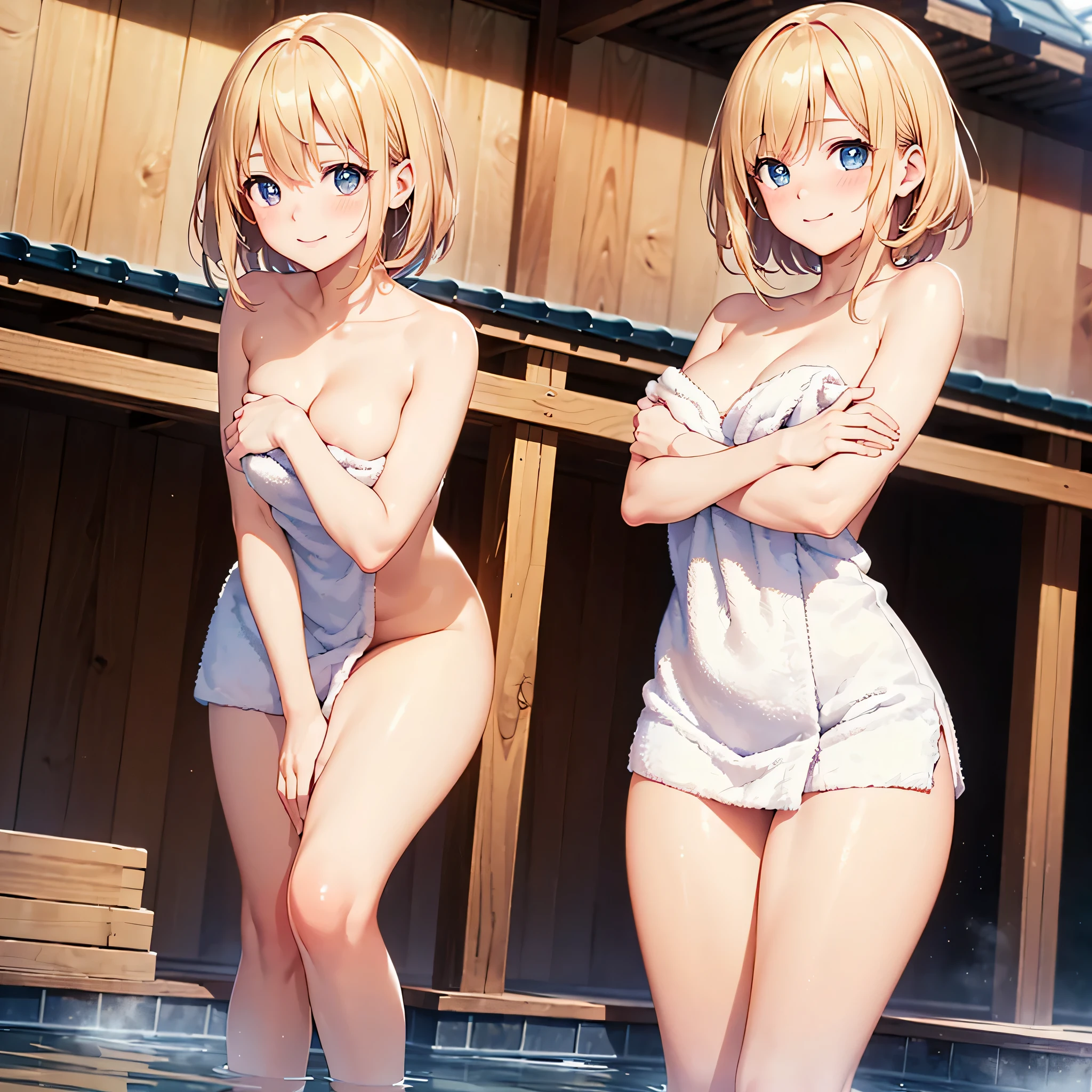 (masterpiece:2.0), (top-quality:2.0), (leaning forward naked in the hot spring:1.5), (extremely short white Tube top towel:1.5), (Super Sexy Pose:1.5), (from below looking up:1.5), (Perfect exposed shoulders:1.5), (Perfect exposed nape:1.5), (blushed face:1.5), (hide crotch with hands:1.5), (hiding chest with hands:1.5), (spilling boobs:1.5), (Realistic:1.5), 1 very cute girl, Precise little hands, Embarrassed look to see me, light smile, Innocent face, Young Face, Clear eyes, Shining eyes, very tiny chest, side boob is visible, shoulder is visible, cleavage of the breast is visible, No pubic hair, Dynamic Posing, Beautiful skins, ultra-definition, Top resolution, Japan High School Student, Golden hair
