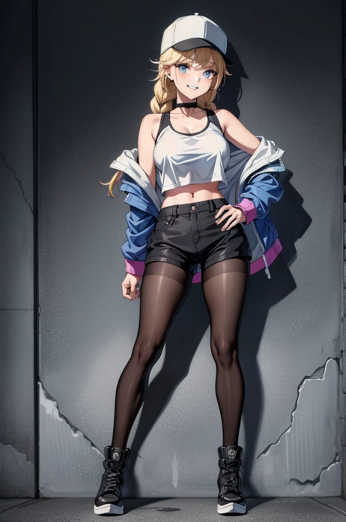 (((grayscale)))(masterpiece:1.2, best quality), (graffiti wall:1.15), 1lady, beanie, jacket, Leggings, blue eyes, fullbody,a pretty girl wearing a hat in a black tank top and white shorts, 1girl, solo, shorts, jacket, breasts, hat, hand on hip, off shoulder, braid, smile, navel, baseball cap, white shorts, choker, open jacket, blue eyes, twin braids, crop top, open clothes, large breasts, midriff, blonde hair, looking at viewer, grin, pantyhose, black footwear, long hair, shoes, full body, standing, bare shoulders, collarbone, shirt, short shorts, long sleeves, black choker, earrings,,more_details:-1, more_details:0, more_details:0.5, more_details:1, more_details:1.5,eiko tsukimi, blonde hair, blue eyes, braid, twin braids, long hair, baseball cap, multicolored jacket, white shirt, shorts, (pantyhose), medium boots