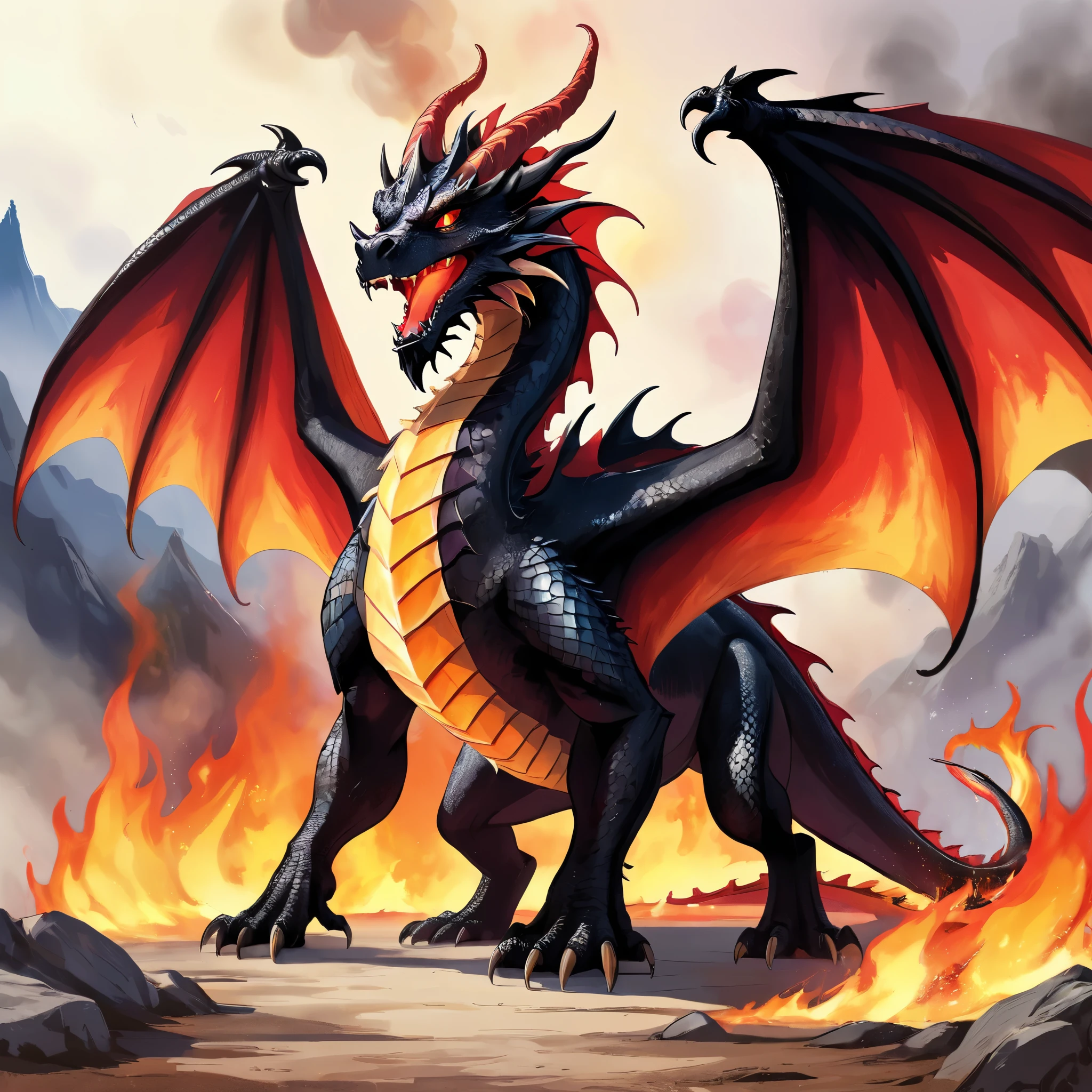 A monster((European medieval dragon，dragon))，Red and black scales，There are horns on the head，Flame in mouth，There are wings behind，Standing on the burning ground。((Medium shot composition，full body pictures，monsters and scenes))game concept art style，Anime illustration style，watercolor style，Marker style，HD，4K。