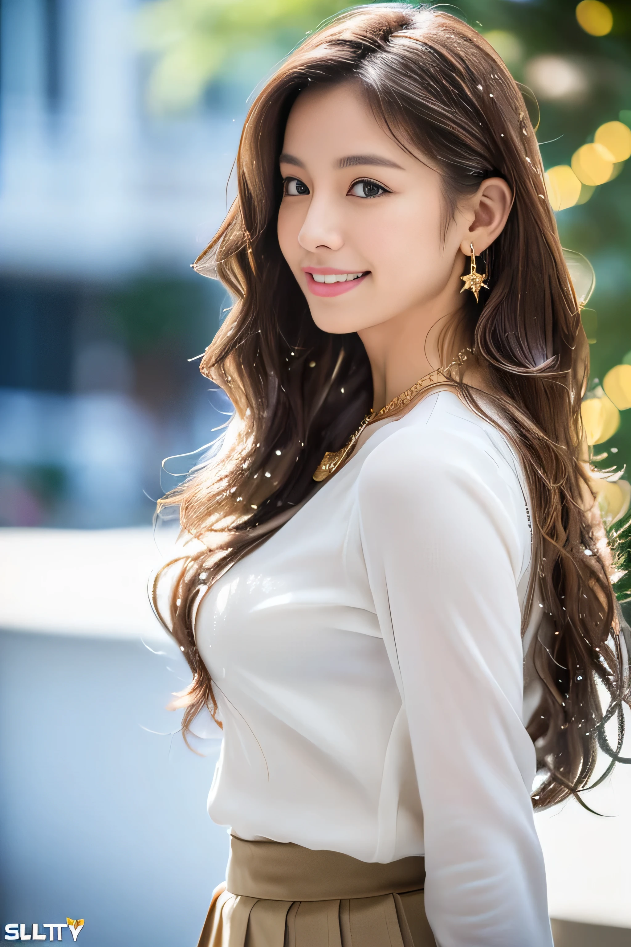 (8K portrait:1.1、RAW photo), (top quality, masterpiece:1.2)、(Ultra - High resolution:1.2)、(portrait, High resolution raw color photos, Photo session with professional photo models)、super resolution、(realistic, real photos: 1.1、ortolate)、1 person、Super detailed, very detailed and beautiful, very detailed, amazing details、cute beautiful woman with perfect body: 1.4、slim big: 1.2、shiny skin、glossy lips、High-definition face and skin texture、detailed eye、double eyelid、(5 hands:1.1、human hand)、very detailed and focused chest、(Angle from the thigh up:1.2)、((Light brown hair color、length、curl hair)), ((Chest H cup:1.2, A chest that is about to burst:1.2))、(High definition breasts、happy expression), (Full body Esbian、angle from a distance)、(((sluty school girl uniform, jewelry, parted lips, lips, from side, pleated skirt:1.5)),、((outside the house:1.2、european cityscape:1.2、Big Christmas Tree、Christmas))、((it's snowing、snow piles up))、((standing))、(((stand with good posture:1.1)))、((look down at the viewer,from below:1.5)),((shy smile:1.3)),((Super long brown hair:1.2))((Hair with loose waves inside:1.2)),((gold necklace_Large earrings:1.2)),