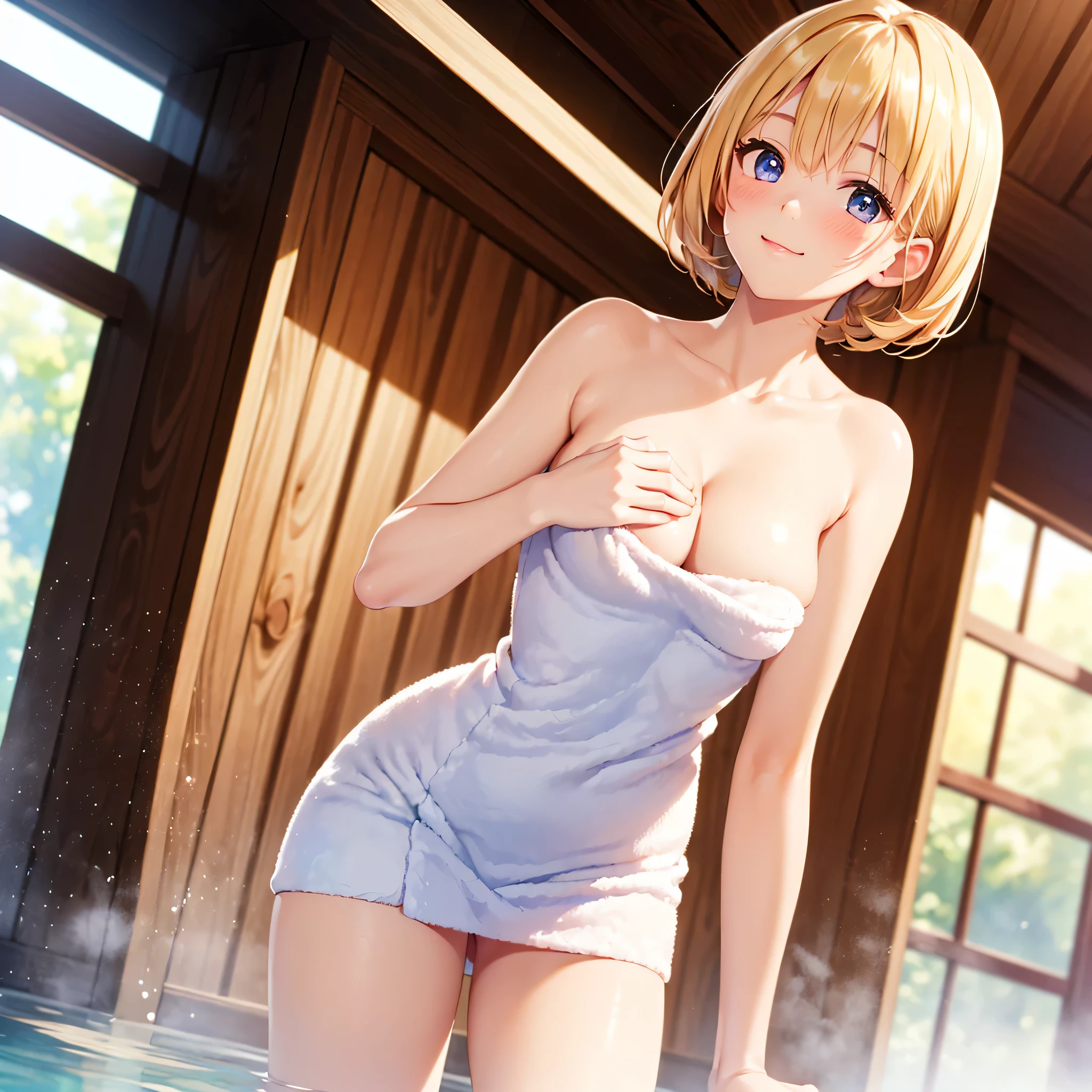 (masterpiece:2.0), (top-quality:2.0), (leaning forward naked in the hot spring:1.5), (extremely short white Tube top towel:1.5), (Super Sexy Pose:1.5), (from below looking up:1.5), (Perfect exposed shoulders:1.5), (Perfect exposed nape:1.5), (blushed face:1.5), (hide crotch with hands:1.5), (hiding chest with hands:1.5), (spilling boobs:1.5), (Realistic:1.5), 1 very cute girl, Precise little hands, Embarrassed look to see me, light smile, Innocent face, Young Face, Clear eyes, Shining eyes, very tiny chest, side boob is visible, shoulder is visible, cleavage of the breast is visible, No pubic hair, Dynamic Posing, Beautiful skins, ultra-definition, Top resolution, Japan High School Student, Golden hair