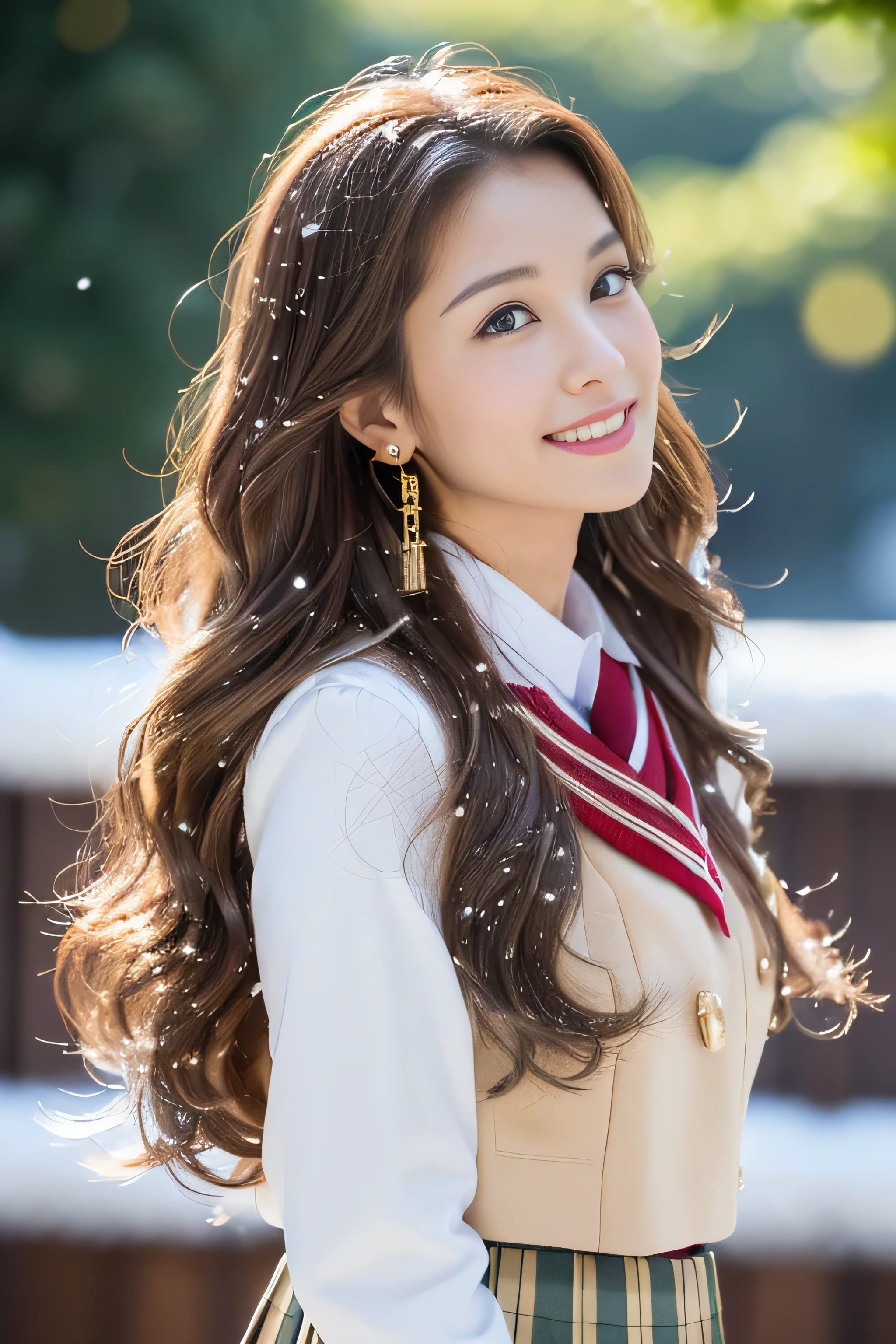 (8K portrait:1.1、RAW photo), (top quality, masterpiece:1.2)、(Ultra - High resolution:1.2)、(portrait, High resolution raw color photos, Photo session with professional photo models)、super resolution、(realistic, real photos: 1.1、ortolate)、1 person、Super detailed, very detailed and beautiful, very detailed, amazing details、cute beautiful woman with perfect body: 1.4、slim big: 1.2、shiny skin、glossy lips、High-definition face and skin texture、detailed eye、double eyelid、(5 hands:1.1、human hand)、very detailed and focused chest、(Angle from the thigh up:1.2)、((Light brown hair color、length、curl hair)), ((Chest H cup:1.2, A chest that is about to burst:1.2))、(High definition breasts、happy expression), (Full body Esbian、angle from a distance)、(((sluty school girl uniform, jewelry, parted lips, lips, from side, pleated skirt:1.5)),、((outside the house:1.2、european cityscape:1.2、Big Christmas Tree、Christmas))、((it's snowing、snow piles up))、((standing))、(((stand with good posture:1.1)))、((look down at the viewer,from below:1.5)),((shy smile:1.3)),((Super long brown hair:1.2))((Hair with loose waves inside:1.2)),((gold necklace_Large earrings:1.2)),