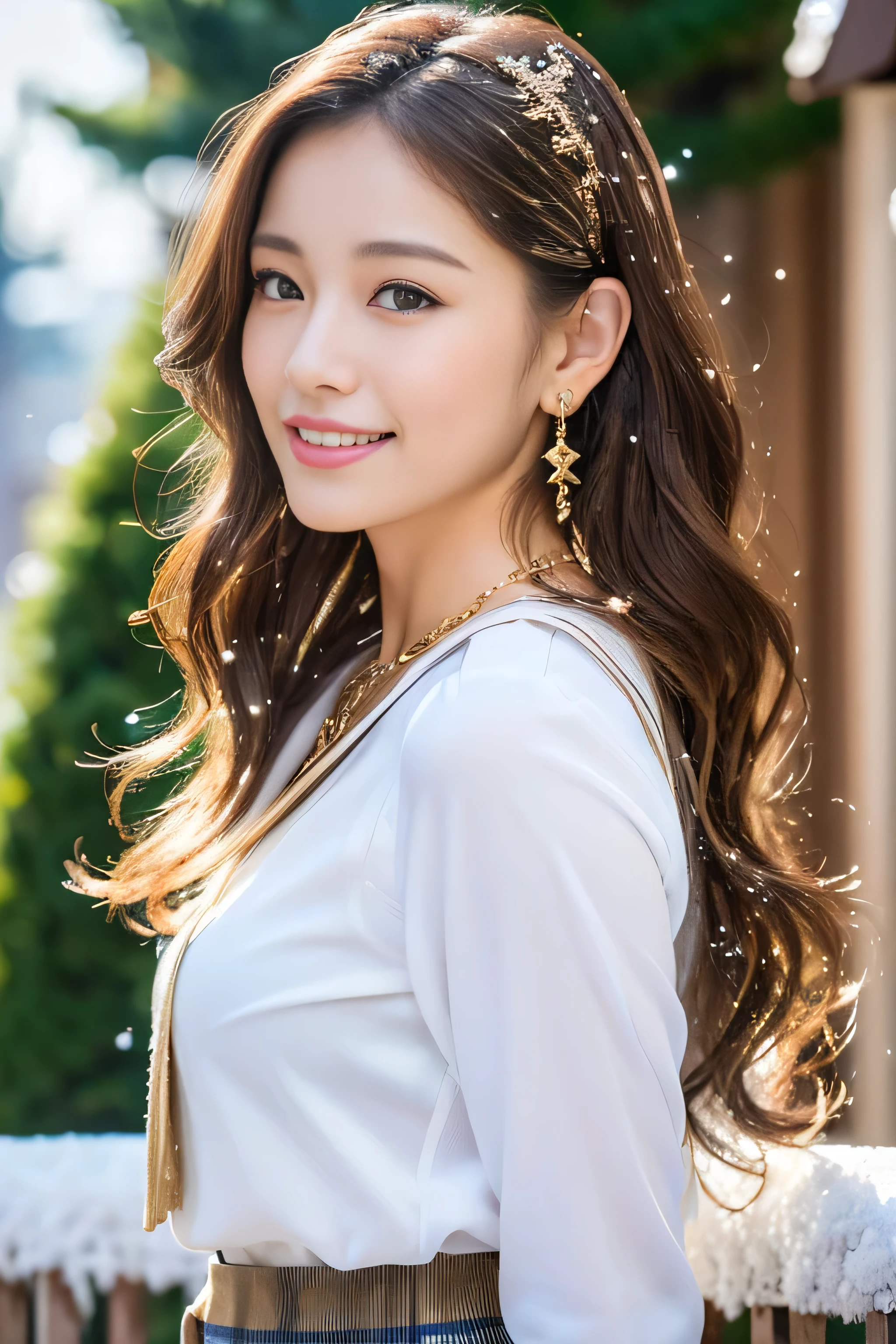 (8K portrait:1.1、RAW photo), (top quality, masterpiece:1.2)、(Ultra - High resolution:1.2)、(portrait, High resolution raw color photos, Photo session with professional photo models)、super resolution、(realistic, real photos: 1.1、ortolate)、1 person、Super detailed, very detailed and beautiful, very detailed, amazing details、cute beautiful woman with perfect body: 1.4、slim big: 1.2、shiny skin、glossy lips、High-definition face and skin texture、detailed eye、double eyelid、(5 hands:1.1、human hand)、very detailed and focused chest、(Angle from the thigh up:1.2)、((Light brown hair color、length、curl hair)), ((Chest H cup:1.2, A chest that is about to burst:1.2))、(High definition breasts、happy expression), (Full body Esbian、angle from a distance)、(((sluty school girl uniform, jewelry, parted lips, lips, from side, pleated skirt:1.5)),、((outside the house:1.2、european cityscape:1.2、Big Christmas Tree、Christmas))、((it's snowing、snow piles up))、((standing))、(((stand with good posture:1.1)))、(((Beautiful standing posture:1.1))),((From an oblique angle above:1.5)),((shy smile:1.3)),((Super long brown hair:1.2))((Hair with loose waves inside:1.2)),((gold necklace_Large earrings:1.2)),