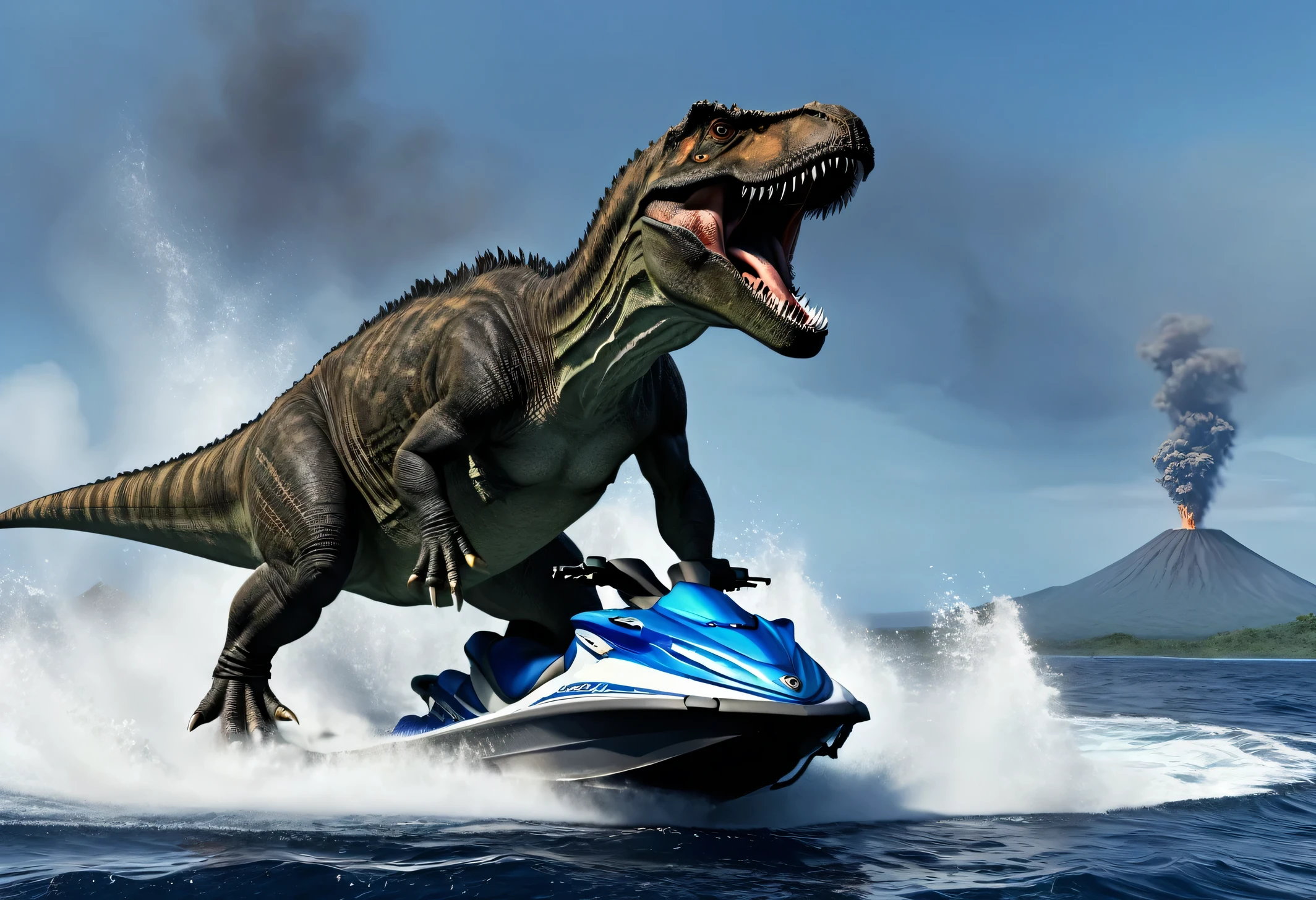 A tyrannosaurus is riding a jet ski in the middle of rough seas., Volcanic island in the background, The volcano is erupting violently., The images are very realistic.