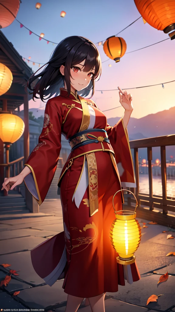 official art, unity 8k wallpaper, ultra detailed, beautiful and aesthetic, masterpiece, best quality, (Fire, water, ribbon, paper cutting), (fractal art:1.3) 1girl,building, (solo:1.5), chinese_clothes, sky, outdoors, wide_sleeves, black_hair, sunset, (falling_leaves:1.2), antern, (paper_lantern:1.5),blue sky, (outdoors:1.5),hanfu, (rainbow-candy:0.8), (style-swirlmagic:0.8),