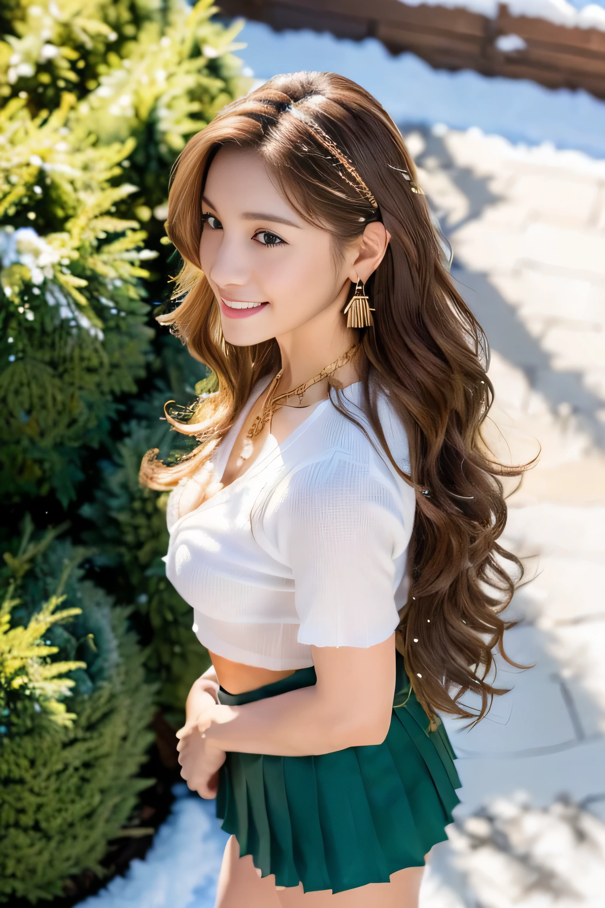 (8K portrait:1.1、RAW photo), (top quality, masterpiece:1.2)、(Ultra - High resolution:1.2)、(portrait, High resolution raw color photos, Photo session with professional photo models)、super resolution、(realistic, real photos: 1.1、ortolate)、1 person、Super detailed, very detailed and beautiful, very detailed, amazing details、cute beautiful woman with perfect body: 1.4、slim big: 1.2、shiny skin、glossy lips、High-definition face and skin texture、detailed eye、double eyelid、(5 hands:1.1、human hand)、very detailed and focused chest、(Angle from the thigh up:1.2)、((Light brown hair color、length、curl hair)), ((Chest H cup:1.2, A chest that is about to burst:1.2))、(High definition breasts、happy expression), (Full body Esbian、angle from a distance)、(((sluty school girl uniform, jewelry, parted lips, lips, from side, pleated skirt:1.5)),、((outside the house:1.2、european cityscape:1.2、Big Christmas Tree、Christmas))、((it&#39;s snowing、snow piles up))、((standing))、(((stand with good posture:1.1)))、(((Beautiful standing posture:1.1))),((From an oblique angle above:1.5)),((shy smile:1.3)),((Super long brown hair:1.2))((Hair with loose waves inside:1.2)),((gold necklace＿Large earrings:1.2)),