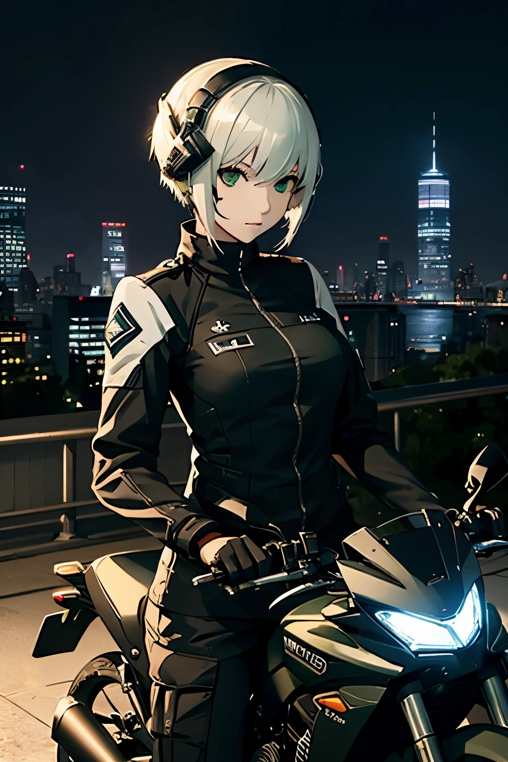 woman(solo)、tall、green eyeessy white short hair、black tactical long coat、cargo pants、Barcode tattoo on cheek、Riding a sports bike、Hold the helmet at your side、New York Cityscape at night、Highest image quality、high quality、detailed description、4K quality、girl frontline、GAGER