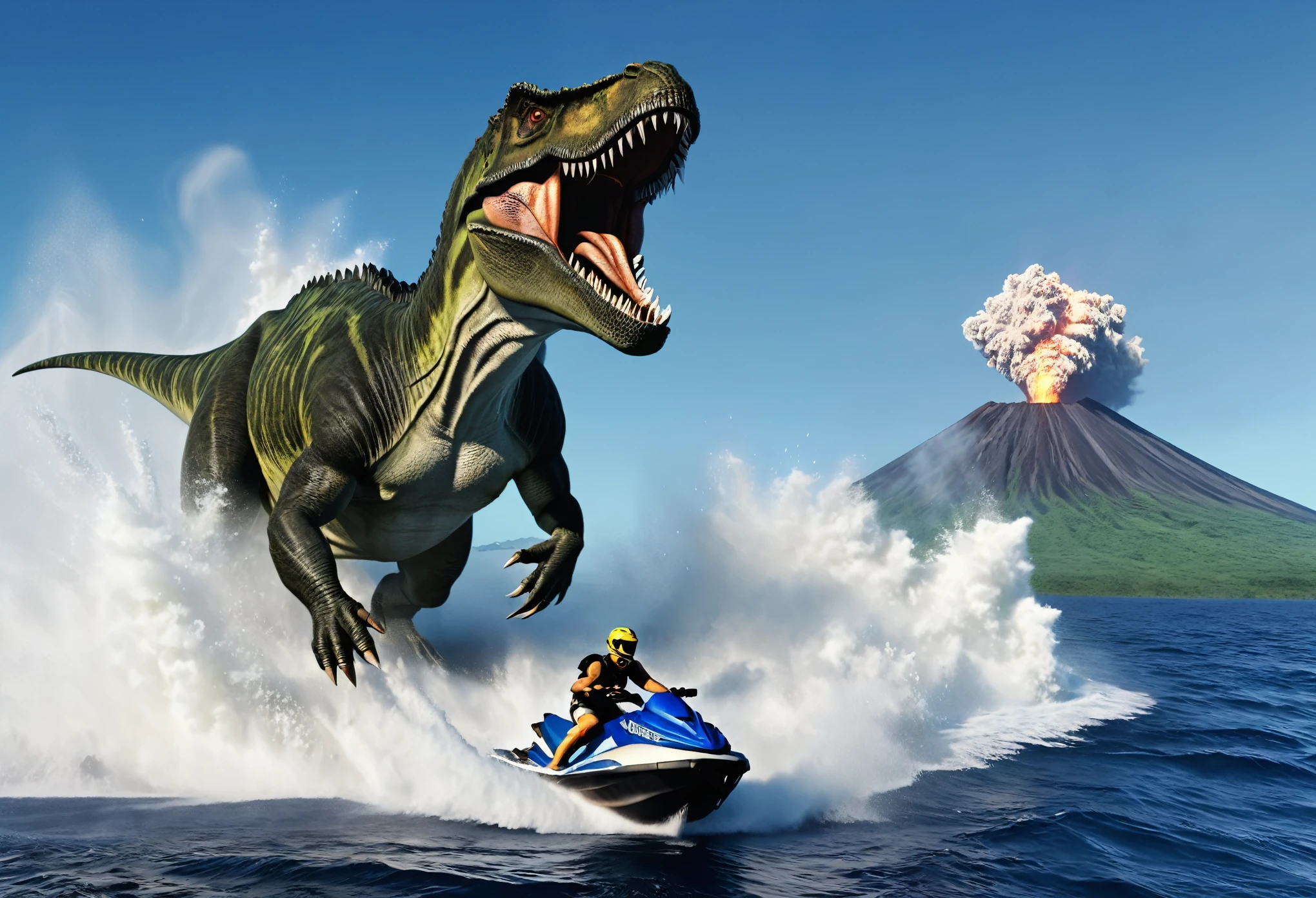 A tyrannosaurus is riding a jet ski in the middle of rough seas., Volcanic island in the background, The volcano is erupting violently., The images are very realistic.