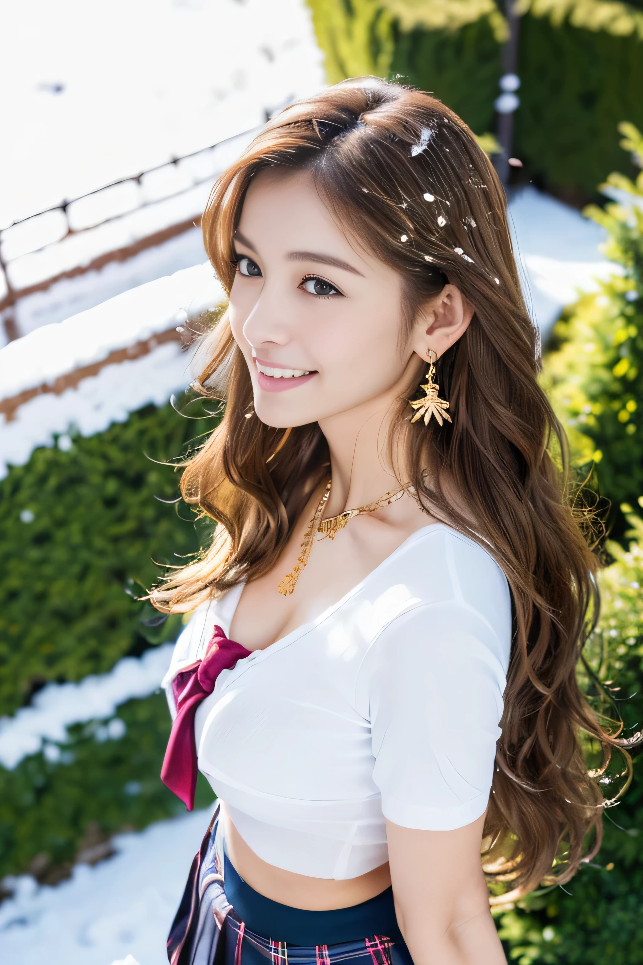 (8K portrait:1.1、RAW photo), (top quality, masterpiece:1.2)、(Ultra - High resolution:1.2)、(portrait, High resolution raw color photos, Photo session with professional photo models)、super resolution、(realistic, real photos: 1.1、ortolate)、1 person、Super detailed, very detailed and beautiful, very detailed, amazing details、cute beautiful woman with perfect body: 1.4、slim big: 1.2、shiny skin、glossy lips、High-definition face and skin texture、detailed eye、double eyelid、(5 hands:1.1、human hand)、very detailed and focused chest、(Angle from the thigh up:1.2)、((Light brown hair color、length、curl hair)), ((Chest H cup:1.2, A chest that is about to burst:1.2))、(High definition breasts、happy expression), (Full body Esbian、angle from a distance)、(((sluty school girl uniform, jewelry, parted lips, lips, from side, pleated skirt:1.5)),、((outside the house:1.2、european cityscape:1.2、Big Christmas Tree、Christmas))、((it's snowing、snow piles up))、((standing))、(((stand with good posture:1.1)))、(((Beautiful standing posture:1.1))),((From an oblique angle above:1.5)),((shy smile:1.3)),((Super long brown hair:1.2))((Hair with loose waves inside:1.2)),((gold necklace_Large earrings:1.2)),