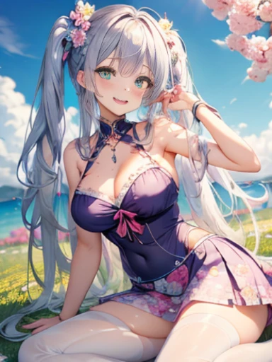 小さなgirl、Face photo、Face up、The arrival of spring、big ass、 (alone:1.5,)Super detailed,bright colors, very beautiful detailed anime face and eyes, look straight, ;d, shiny_skin,girl, ((hair color is、Gradation、long hair,Gradationヘアー、White and blue hair))、forehead is exposed.、green eyes、、shiny hair, delicate beautiful face, blush、(turquoise eyes), White skin, Valletta, earrings,、blue flower field、(((Floral pink.sexy summer clothes、Purple Floral Skirt)))、twin tails、smile、smile、Face dyed red、Face-centered、sit、pantyhose、Bind both legs