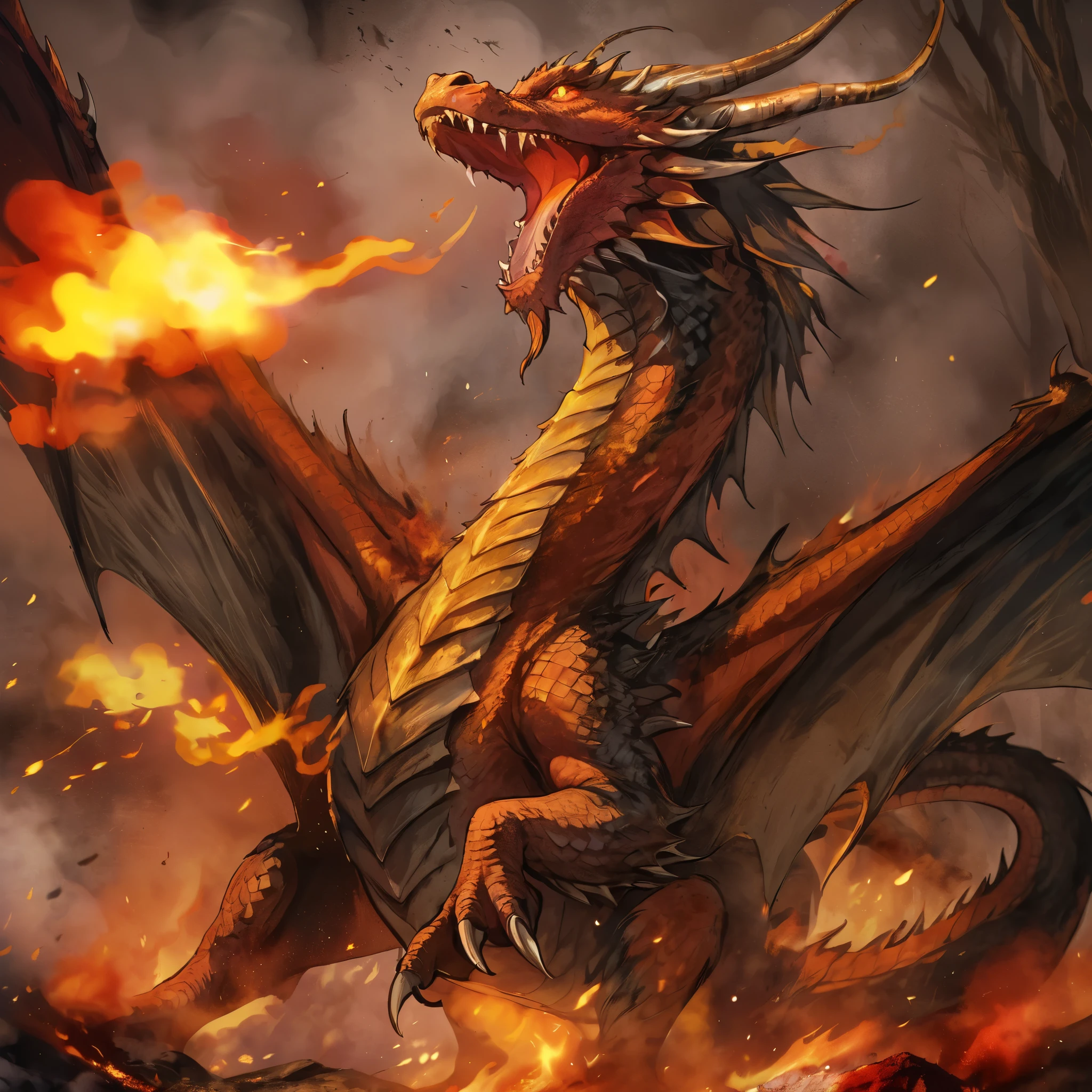 A monster(European medieval dragon,dragon),Red body,huge wings,Spit flames in the mouth,Standing on the burning ground,The surrounding environment is smoke and flames。Medium shot composition,full body pictures,monsters and scenes,game concept art style,Anime illustration style,watercolor style,Marker style,HD,4K。