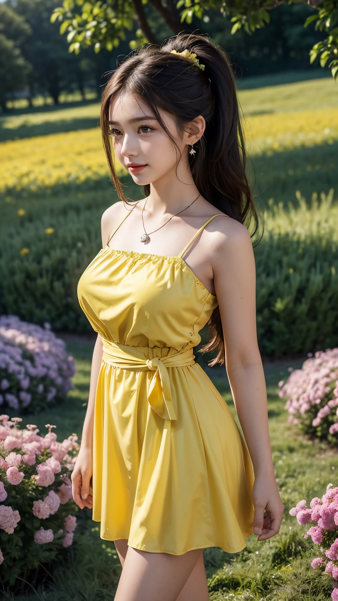 (Masterpiece:1.4), CG Unity 8k walpaper, ((Realistic: 1.2)), Ray Tracing, 64k, Beautiful 18 years girl, Asian realistic girl, Ultra Realistic, ultra HD, high detail，8K resolution，ultra high resolution, cute girl，The ponytail, long Hair，earrings，necklace，Colorful clear eyes，smooth hair，Exquisite and perfect with the most beautiful facial features and big eyes，Long eyelashes，(Smile)，field，Ultimate picture quality，(Standing in front of cosmos flowers field), ((Upper body shot)), ((luxury Yellow salty dog Dress: 1.2)), [(4 different Poses),(pose 1: Grab hair with both hands, tighten tummy to lift hips,stand side ways),(pose 2: strech your arm,hand on hip, tighten tummy and lift hip),(pose 3: tilt head to smile,put arm behind back,place arm side by leg),(pose 4: title your head to smile,put your hands naturally by your side,stand side ways)], (Detailed poses), (Detailed Dress), (detailed background) , Beautiful human real fingers, beautiful human real hands, Real human natural skin, Pine trees, big flower plants fields, Young perfect breasts under the dress, 