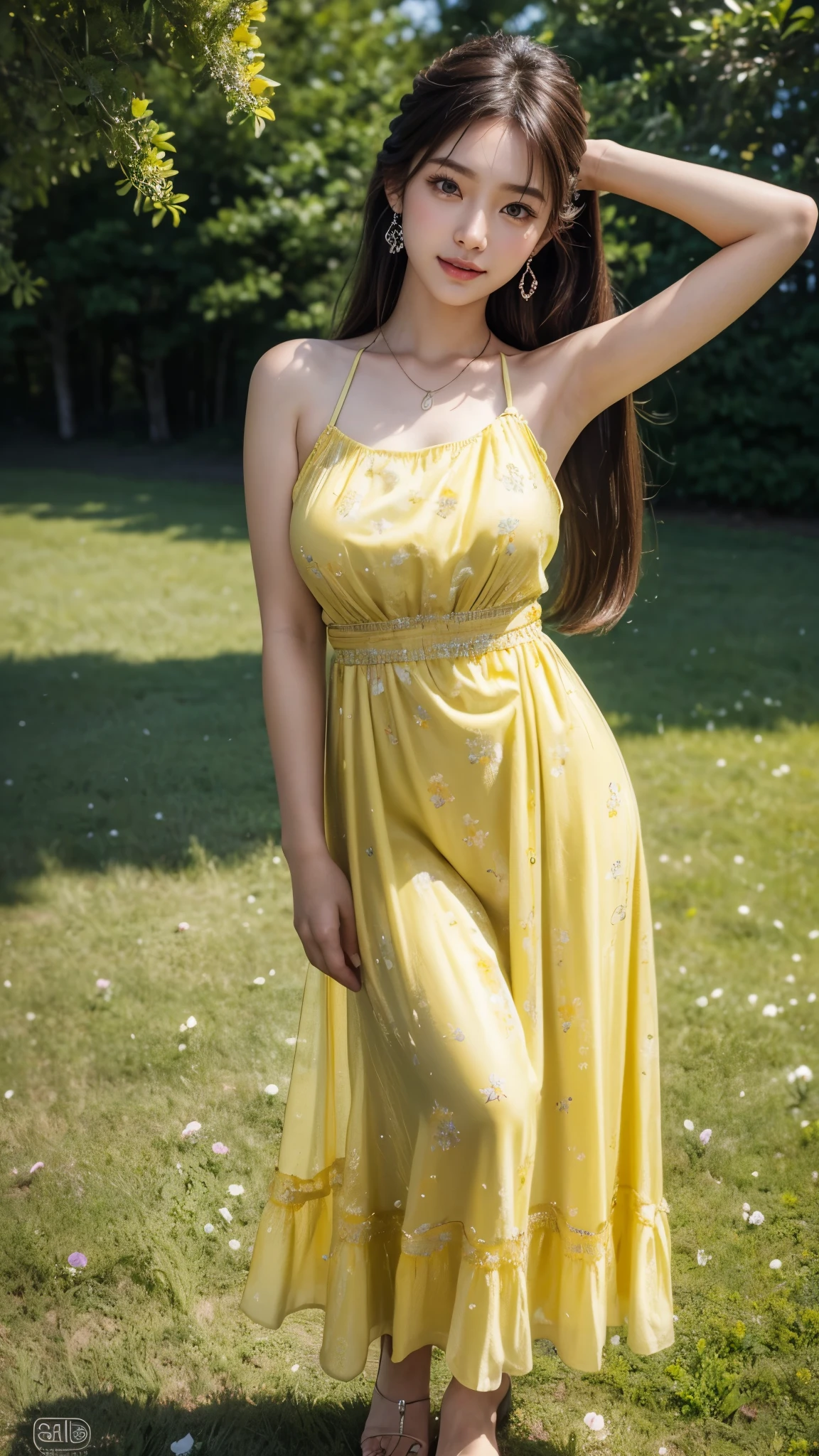 (Masterpiece:1.4), CG Unity 8k walpaper, ((Realistic: 1.2)), Ray Tracing, 64k, Beautiful 18 years girl, Asian realistic girl, Ultra Realistic, ultra HD, high detail，8K resolution，ultra high resolution, cute girl，The ponytail, long Hair，earrings，necklace，Colorful clear eyes，smooth hair，Exquisite and perfect with the most beautiful facial features and big eyes，Long eyelashes，(Smile)，field，Ultimate picture quality，(Standing in front of cosmos flowers field), ((Upper body shot)), ((luxury Yellow salty dog Dress: 1.2)), [(4 different Poses),(pose 1: Grab hair with both hands, tighten tummy to lift hips,stand side ways),(pose 2: strech your arm,hand on hip, tighten tummy and lift hip),(pose 3: tilt head to smile,put arm behind back,place arm side by leg),(pose 4: title your head to smile,put your hands naturally by your side,stand side ways)], (Detailed poses), (Detailed Dress), (detailed background) , Beautiful human real fingers, beautiful human real hands, Real human natural skin, Pine trees, big flower plants fields, Young perfect breasts under the dress, 