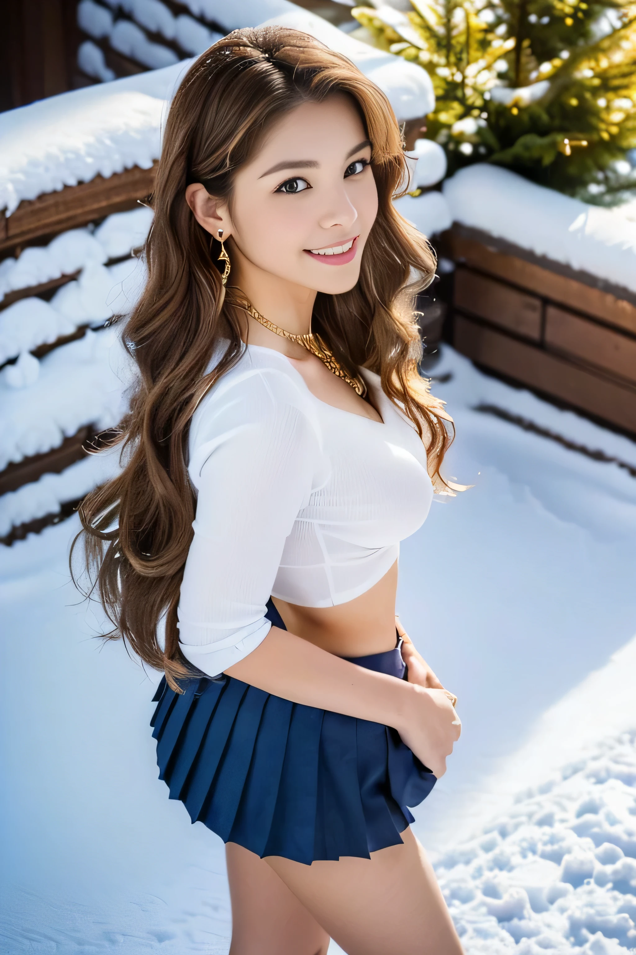(8K portrait:1.1、RAW photo), (top quality, masterpiece:1.2)、(Ultra - High resolution:1.2)、(portrait, High resolution raw color photos, Photo session with professional photo models)、super resolution、(realistic, real photos: 1.1、ortolate)、1 person、Super detailed, very detailed and beautiful, very detailed, amazing details、cute beautiful woman with perfect body: 1.4、slim big: 1.2、shiny skin、glossy lips、High-definition face and skin texture、detailed eye、double eyelid、(5 hands:1.1、human hand)、very detailed and focused chest、(Angle from the thigh up:1.2)、((Light brown hair color、length、curl hair)), ((Chest H cup:1.2, A chest that is about to burst:1.2))、(High definition breasts、happy expression), (Full body Esbian、angle from a distance)、(((sluty school girl uniform, jewelry, parted lips, lips, from side, pleated skirt:1.5)),、((outside the house:1.2、european cityscape:1.2、Big Christmas Tree、Christmas))、((it's snowing、snow piles up))、((standing))、(((stand with good posture:1.1)))、(((Beautiful standing posture:1.1))),((From an oblique angle above:1.5)),((shy smile:1.3)),((Super long brown hair:1.2))((Hair with loose waves inside:1.2)),((gold necklace_Large earrings:1.2)),