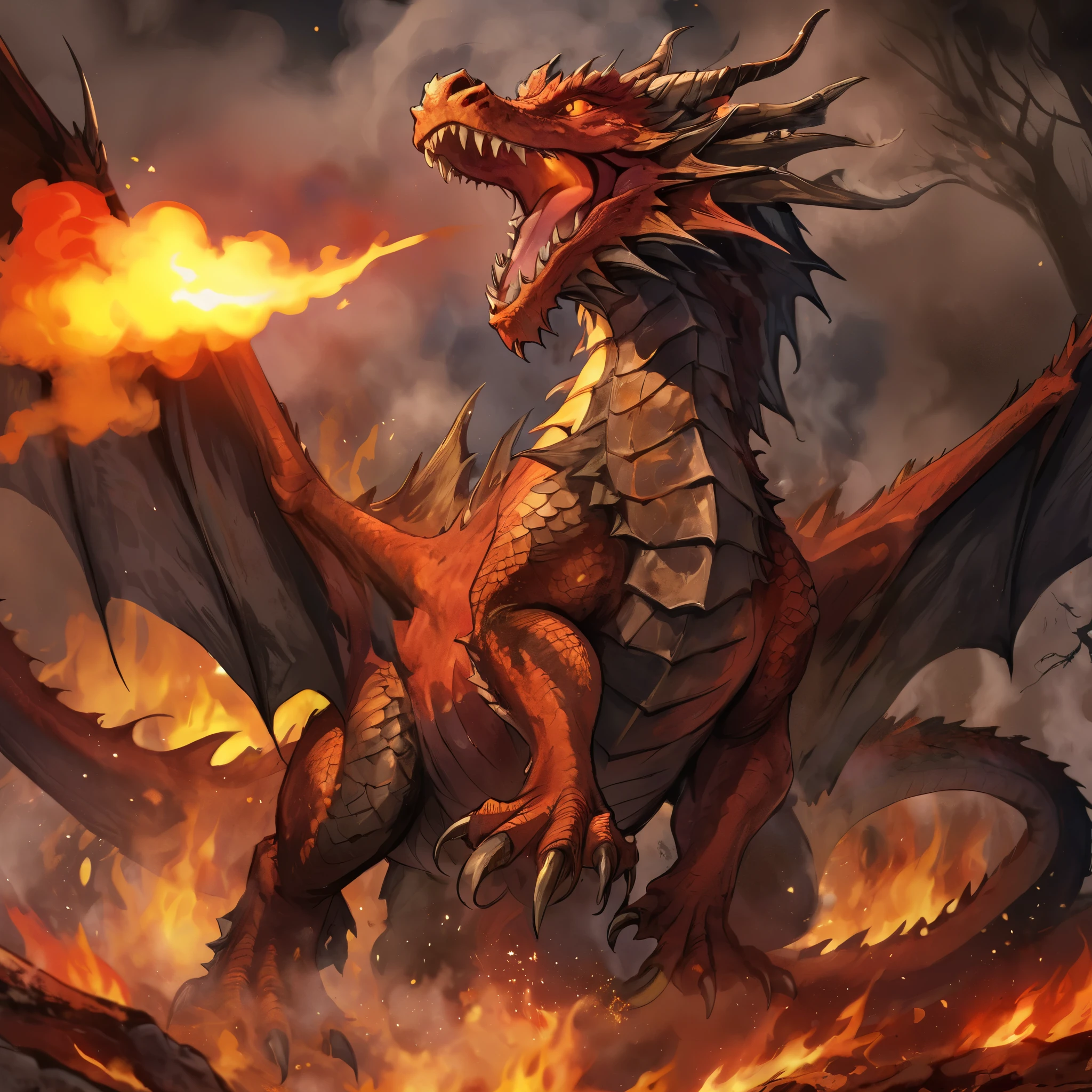 A monster(European medieval dragon,dragon),Red body,huge wings,Spit flames in the mouth,Standing on the burning ground,The surrounding environment is smoke and flames。Medium shot composition,full body pictures,monsters and scenes,game concept art style,Anime illustration style,watercolor style,Marker style,HD,4K。