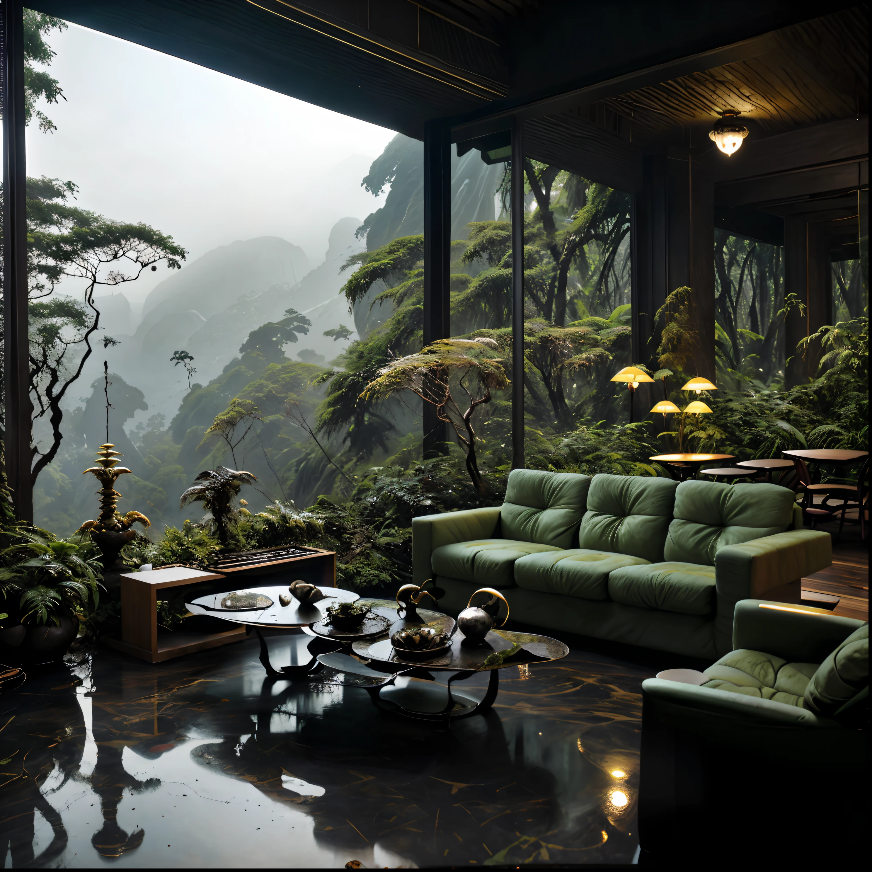 Living room with a view of a mountain and a forest, mountainous décor de jungle, décor de jungle, like a scene from blade runner, ambiance magique, ultra realistic forest painting, dans un environnement de jungle, Bonne atmosphère, forêt de nuages, belle jungle, environnement maussade, Dans une jungle extraterrestre, Jungle luxuriante, Plantes et jungle, environnement relaxant, rainforest mountains