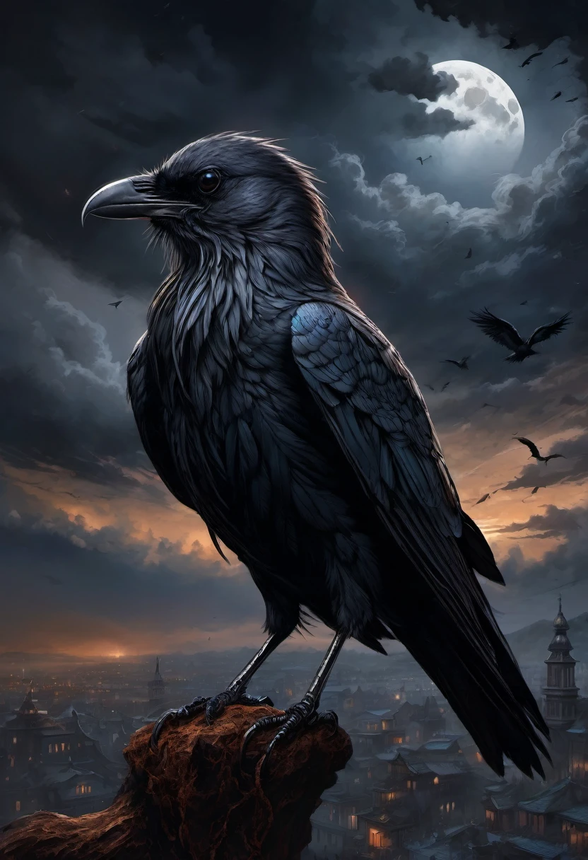 best quality,ultra-detailed,(realistic:1.37) paintings,dark and mysterious atmosphere,ominous colors,[crow],intricate feathers,sharp beak,penetrating gaze,intense expression,eerie silhouette,sinister presence,nighttime scene,moonlit sky,clouds,dramatic lighting,contrast of light and shadow,gothic style,dramatic brushstrokes,texture and depth,colorful plumage,majestic wingspread,haunting presence,foreboding,loneliness,uneasy feeling,impressive details,beautifully captured essence,artistic masterpiece
