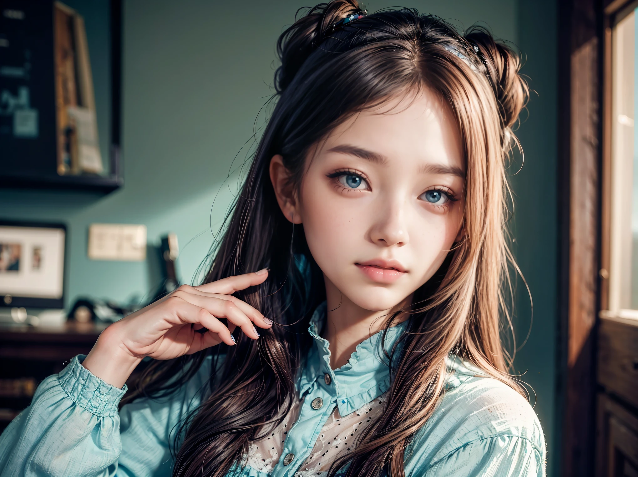 with a girl(alone)、photograph、Fantastic、(Loretta Luxe:1.3)、pastel colour:0.6、freckles、surrealism:1.1、high contrast、super detailed、8K、