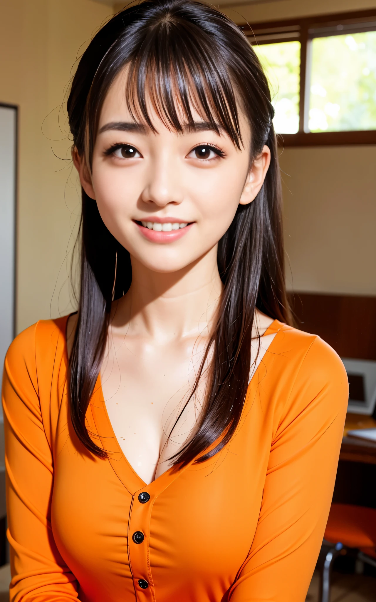masterpiece,best quality,(Japanese ),((Beautiful girl)),cleavage,indoor,(perfect body beauty:1.2),(shy smile),beautiful teeth,