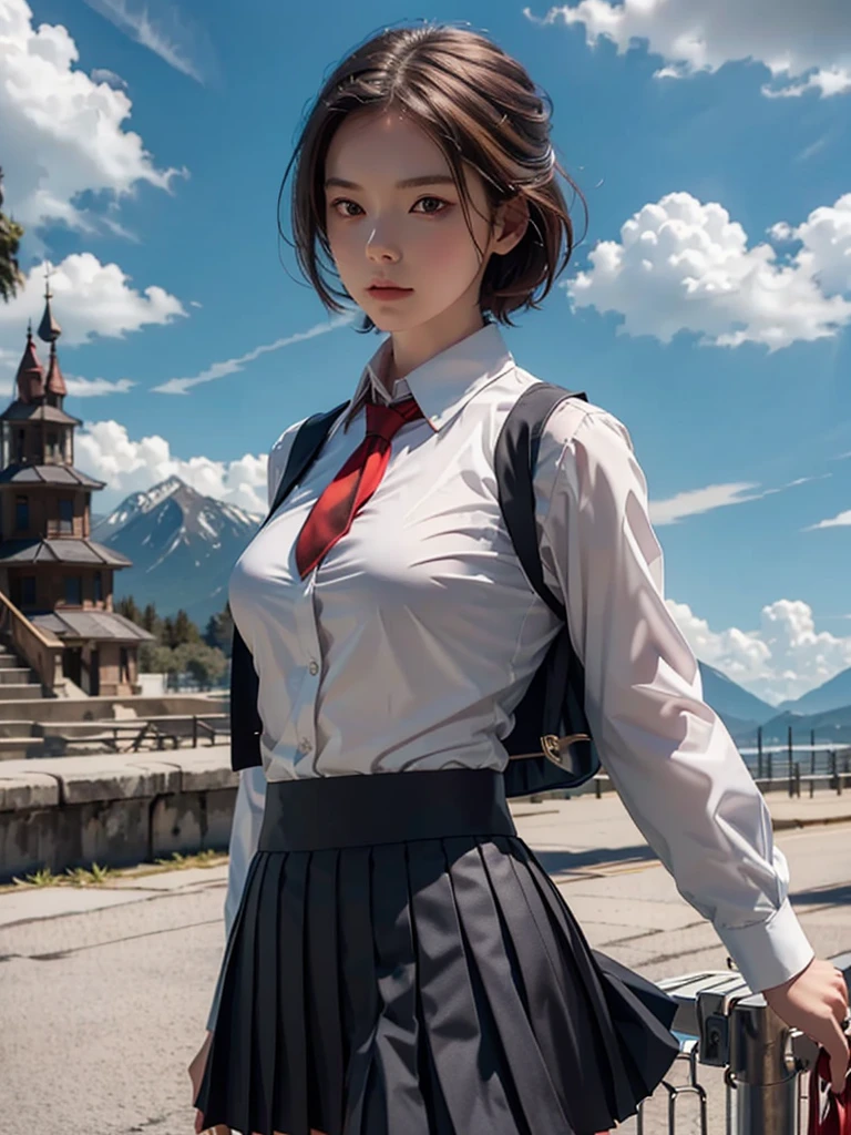 1 girl, solo, chest, short hair, skirt, big breasts, shirt, long sleeves, uniform, jacket, white shirt, pleated skirt, outdoors, open clothes, tie, sky, daytime, collared shirt, clouds, black skirt, vest, red tie, wind, fence, head out of frame