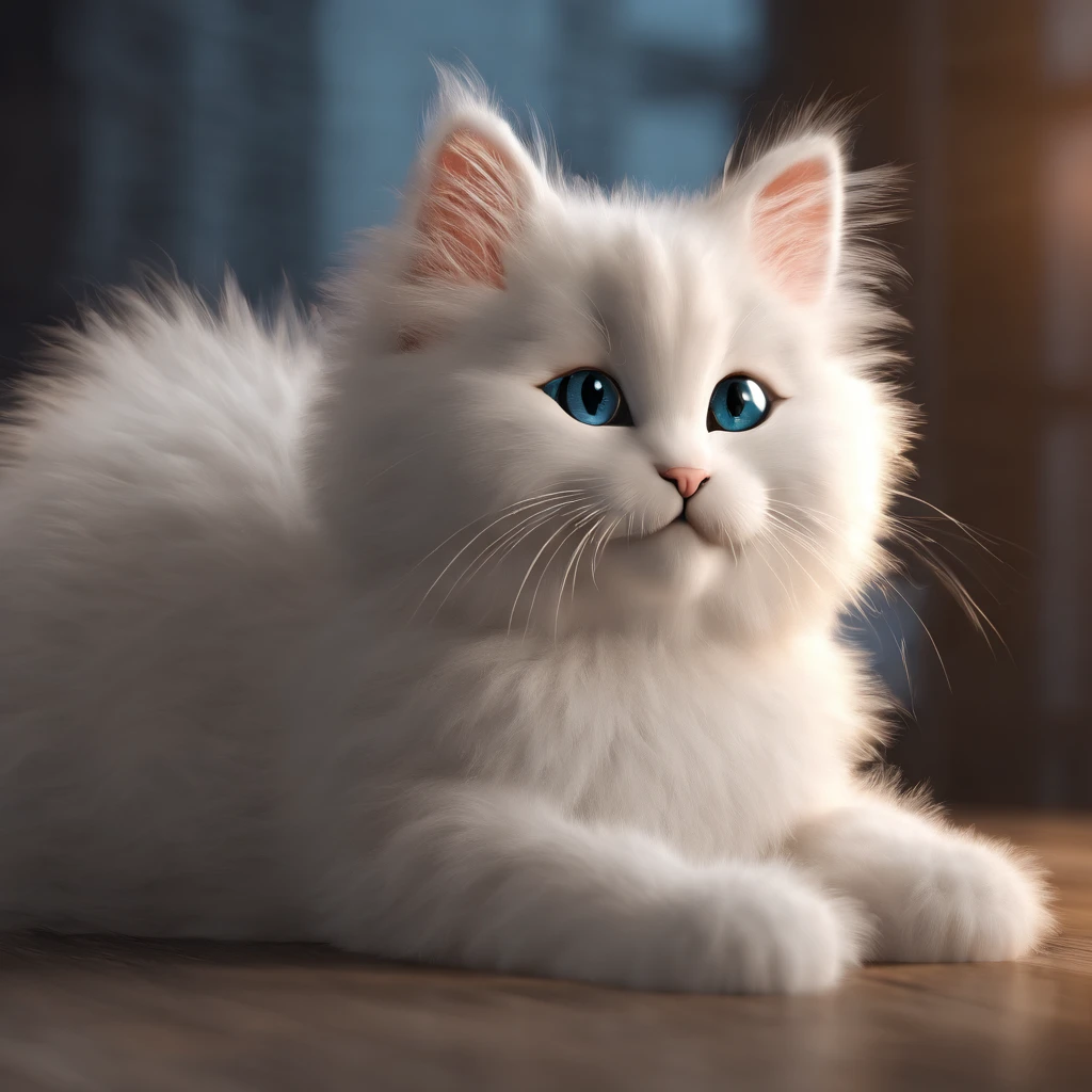 White fluffy kitten in a dark room