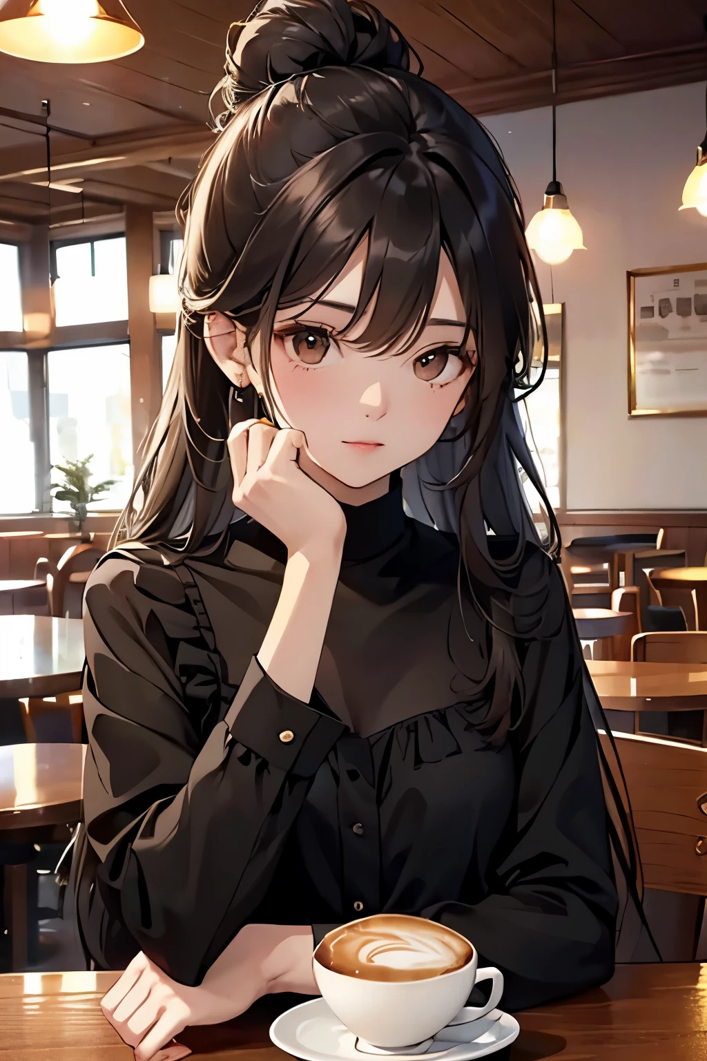 best quality, highres,Slender、brown eyes、tall、black hair、(Forehead exposed:1.7)、(semi-long:1.3),bun hair、(Cafe:1.4)、black blouse